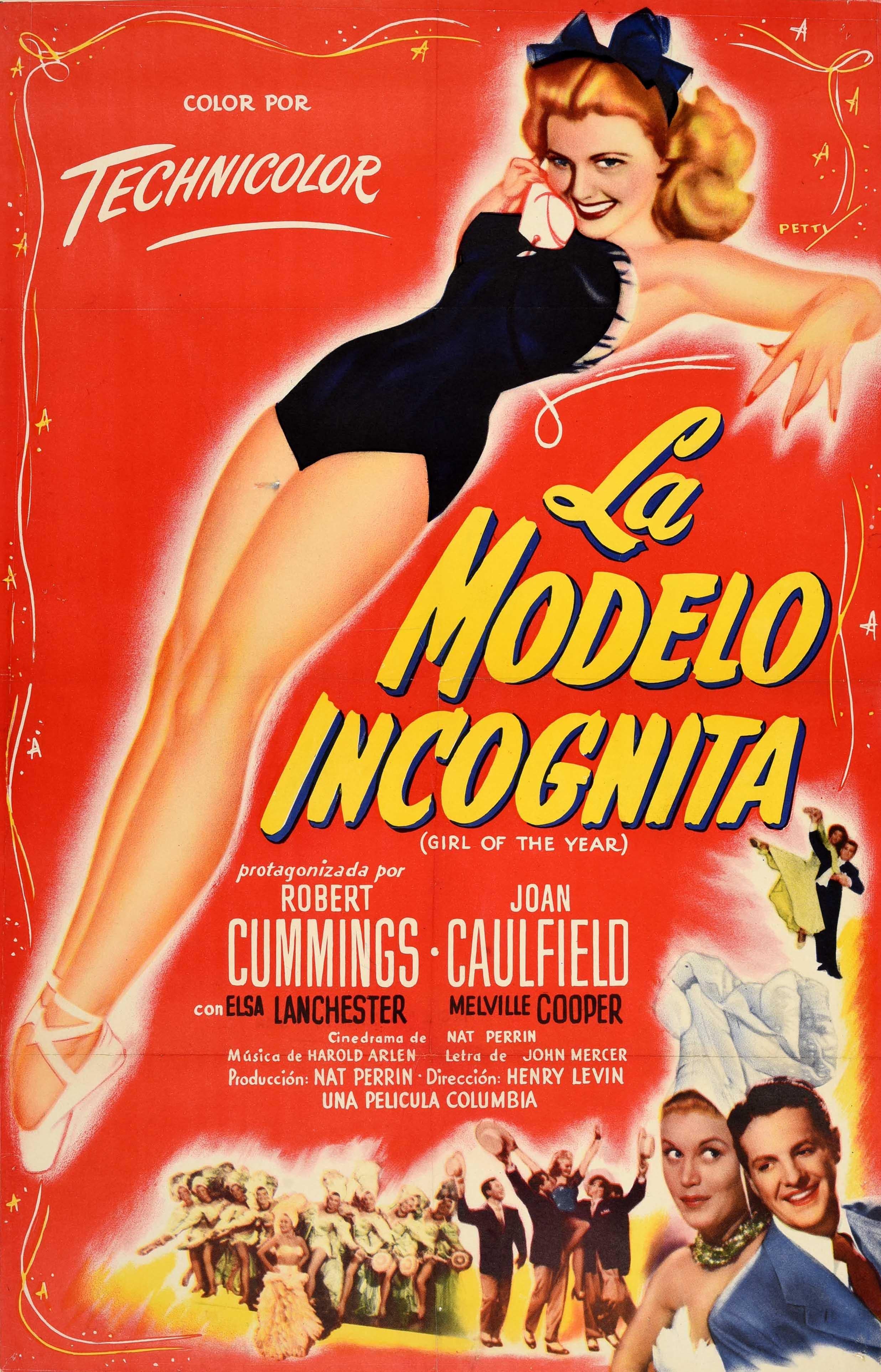 Original vintage movie poster for La Modelo Incognita / Girl of the Year - Design features Joan Caulfield's character wearing a leotard and ballet shoes laying back over the bold yellow title on a red background. More scenes from the film are
