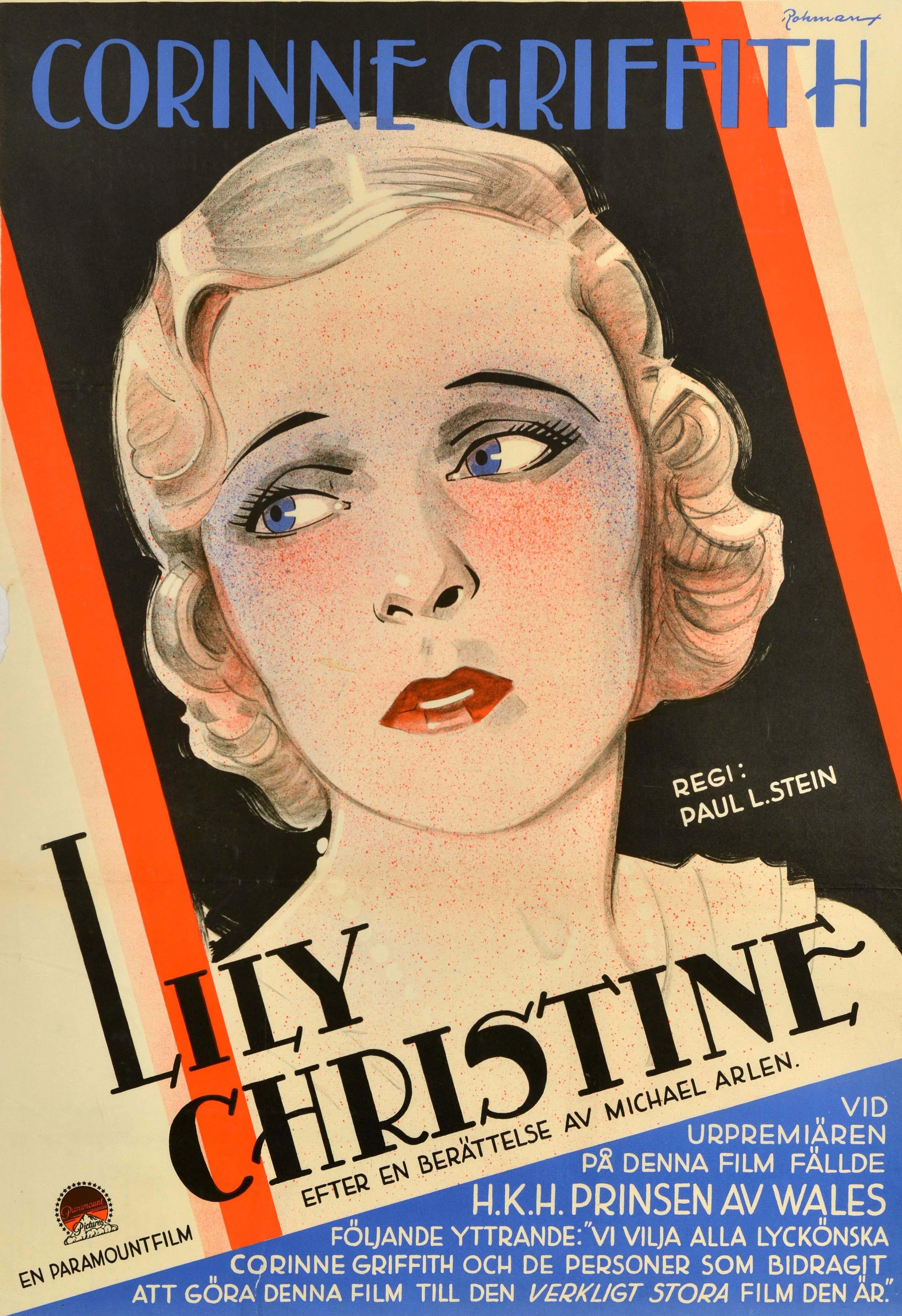 Cartel original de época de estreno en Suecia de la película romántica británica Lily Christine, dirigida por Paul L. Stein y protagonizada por la actriz estadounidense Corinne Griffith (alias La dama orquídea de la pantalla; 1894-1979) en el papel