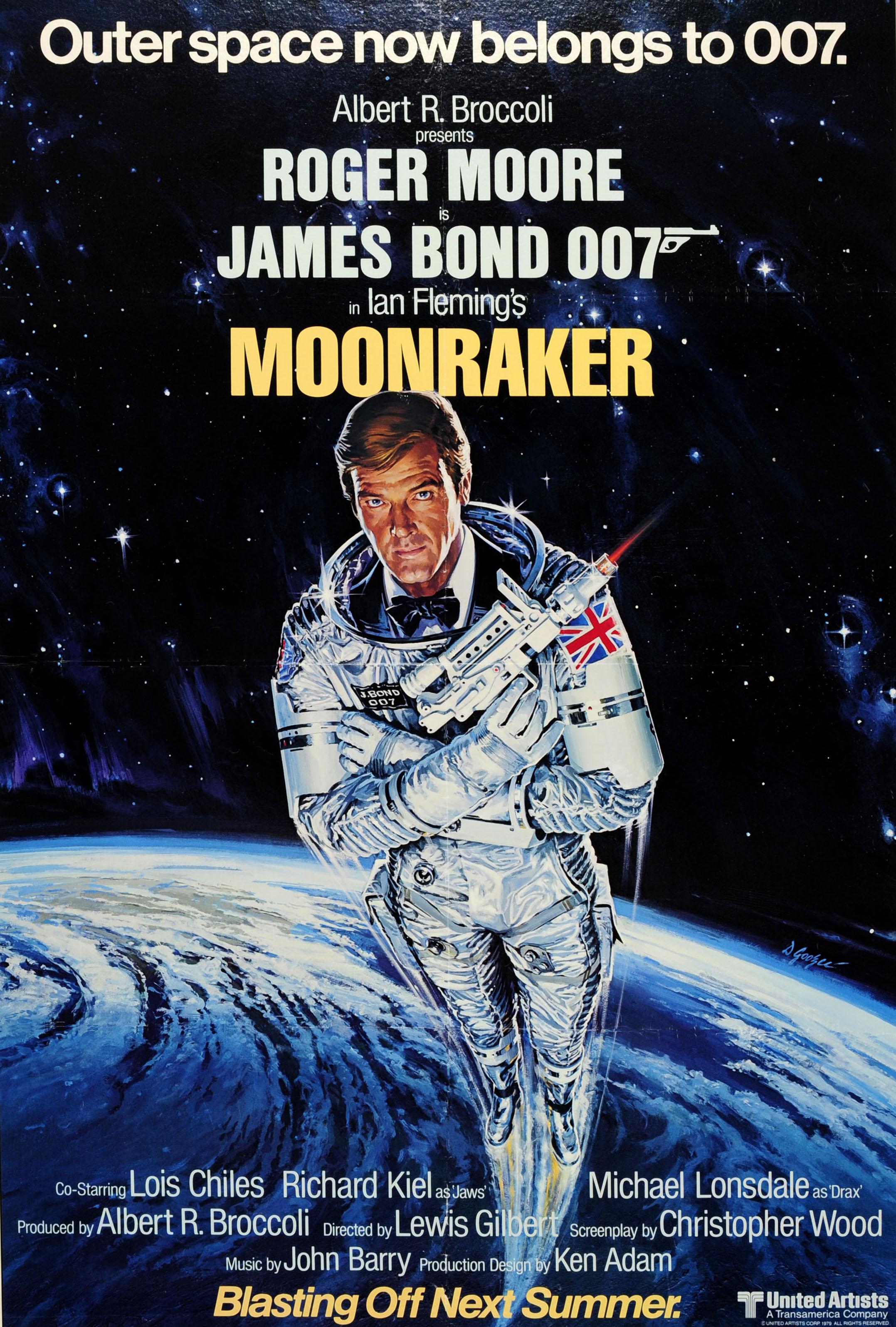 Originales Vintage-Kinoplakat für den 007 James Bond Film - Moonraker - mit Roger Moore in der Hauptrolle, Lois Chiles (Holly Goodhead), Michael Lonsdale (Hugo Drax) und Richard Kiel (Jaws) mit dem Titelsong, der von Shirley Bassey zu ihrem dritten