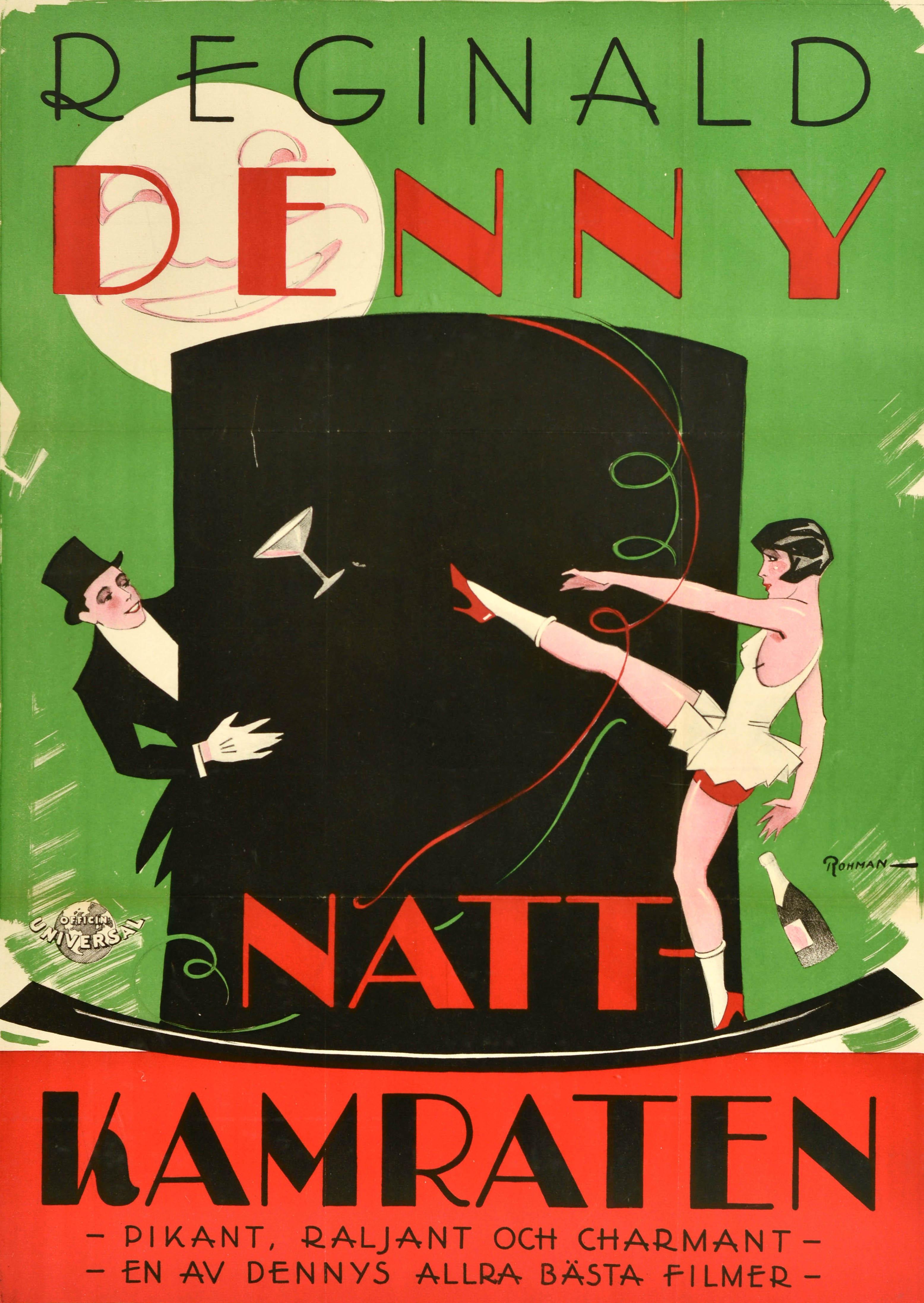Locandina originale svedese d'epoca per un film comico muto americano con Reginald Denny (1891-1967) nei panni di Kid Davis, un pugile che si innamora di una ragazza incontrata in un parco - The Night Bird / Natt Kamraten - con un divertente disegno