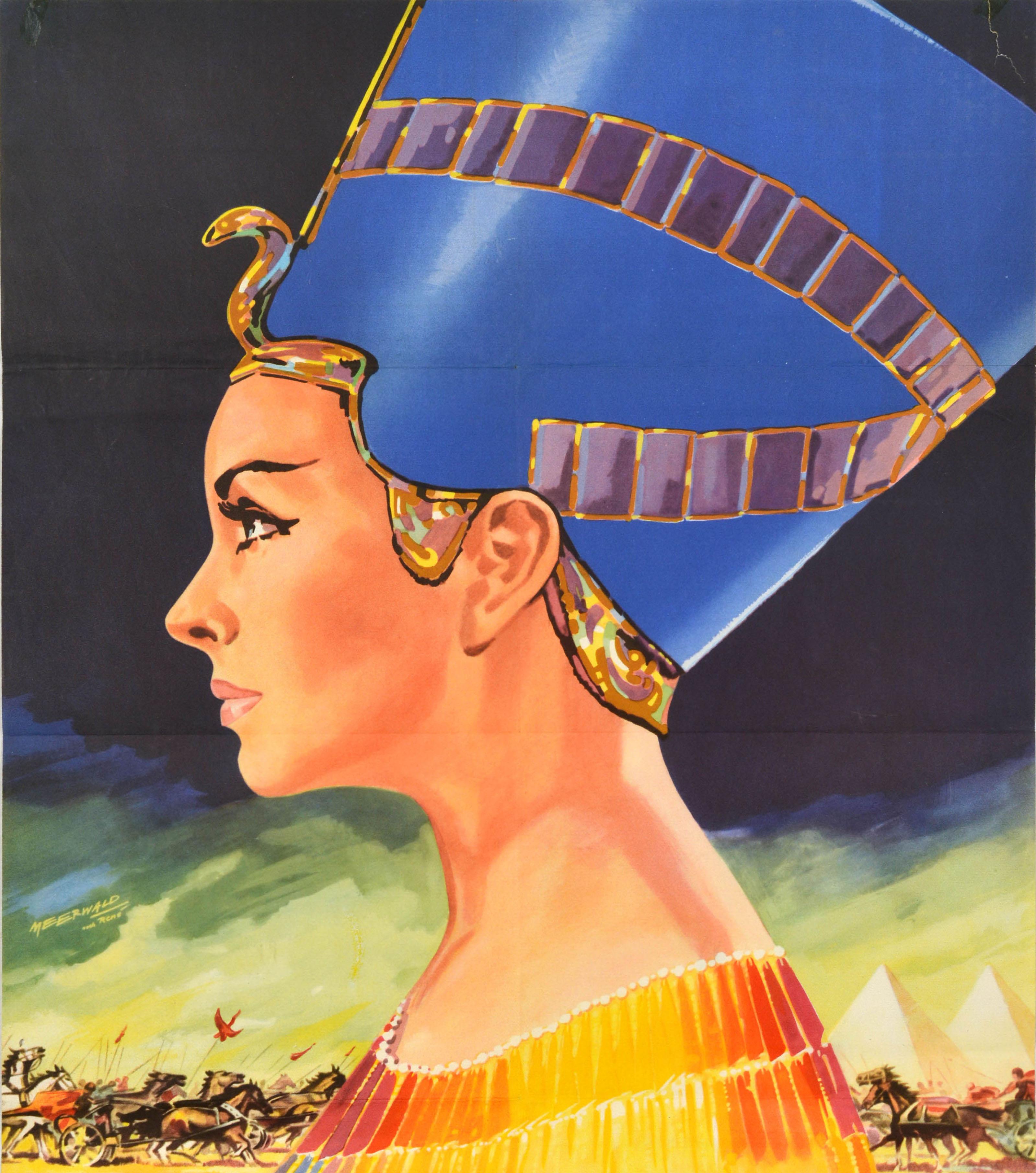 Cartel de cine original de época para el estreno en Alemania de una película italiana de aventuras - Nofretete Konigin vom Nil / Nefertite, Regina del Nilo / Reina del Nilo - dirigida por Fernando Cerchio y protagonizada por Jeanne Crain, Vincent