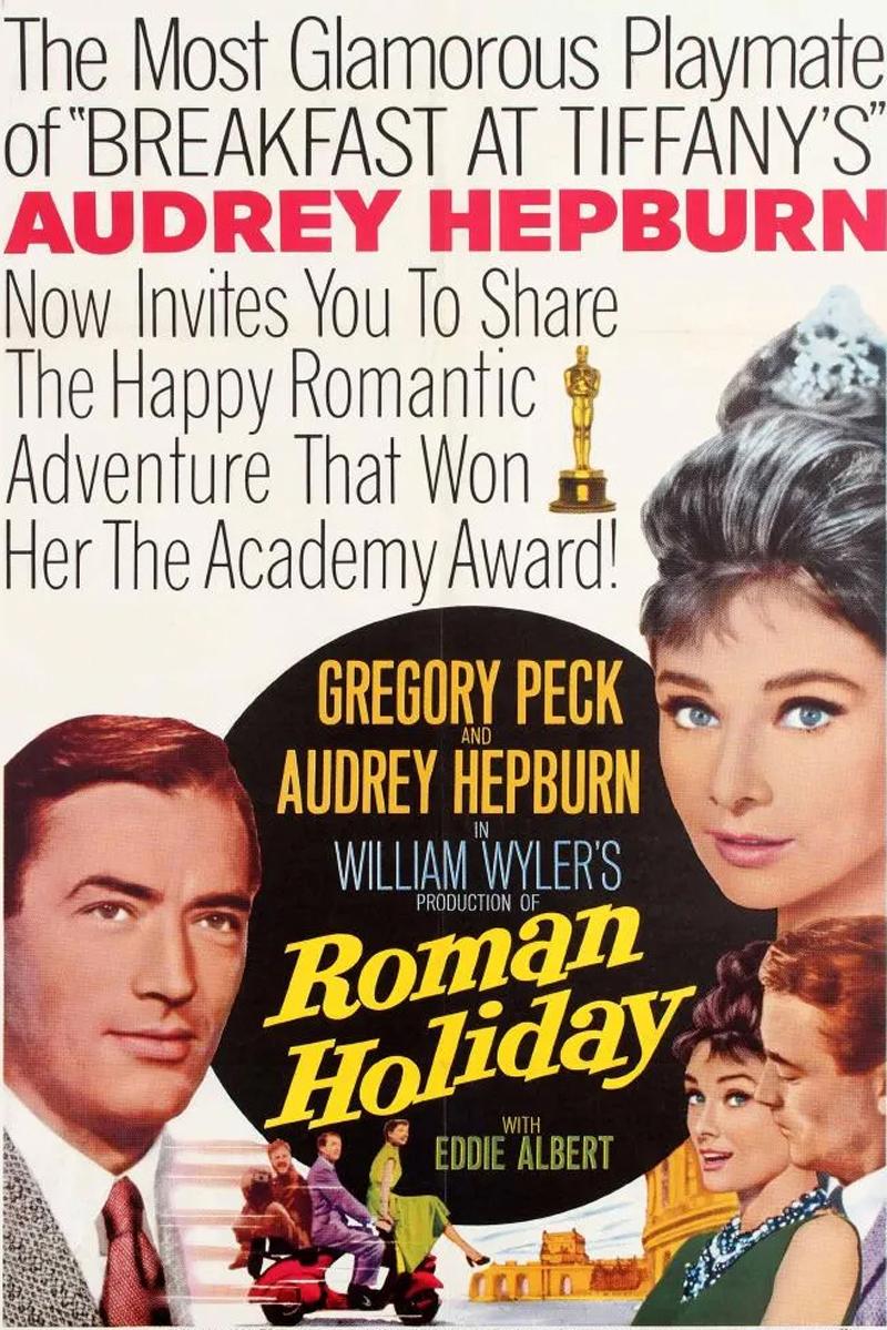 Affiche originale d'époque pour la réédition en 1962 du film romantique classique de 1953, Vacances romaines, réalisé par William Wyler avec Audrey Hepburn, Gregory Peck et Eddie Albert. Design coloré représentant des images de Gregory Peck et