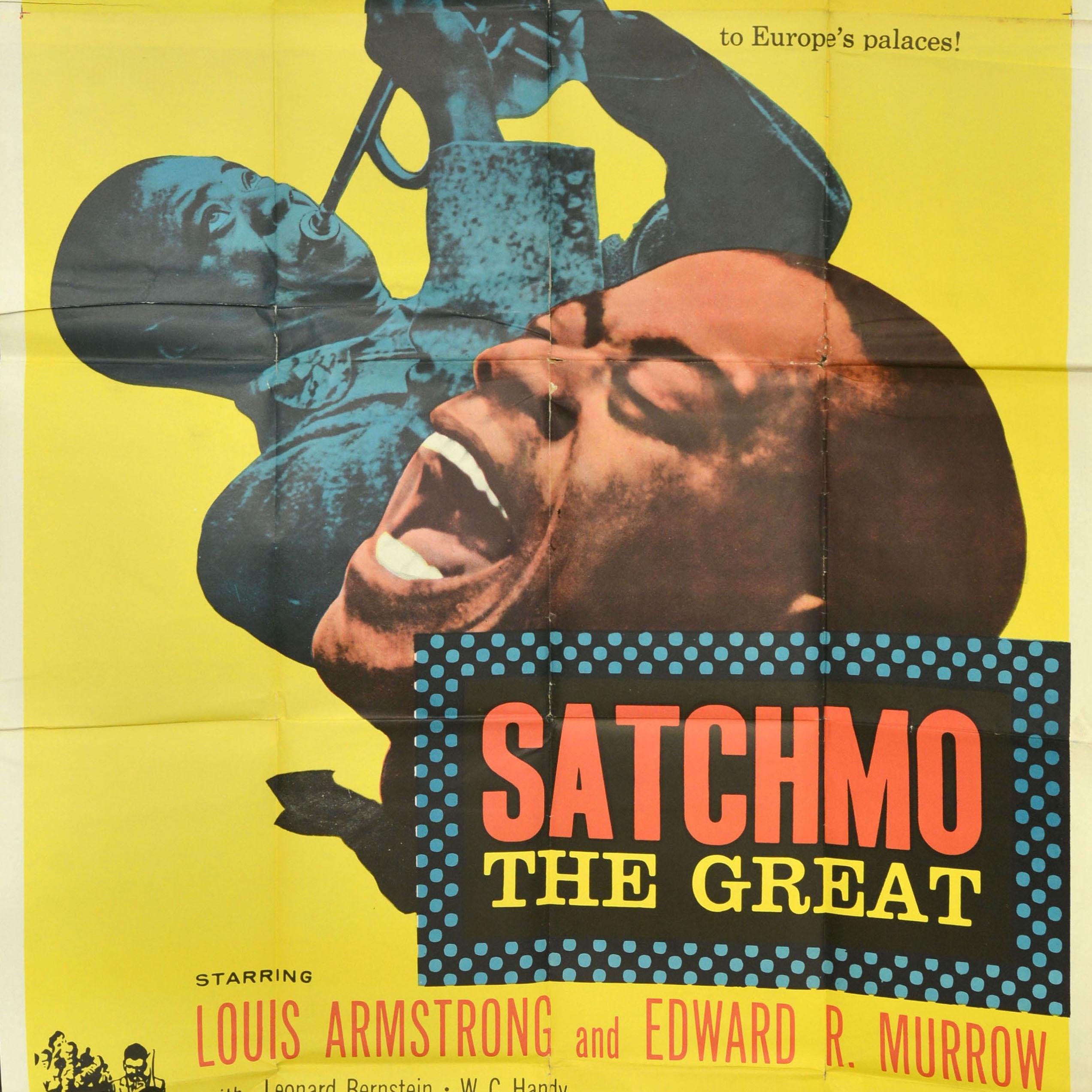 Original vintage movie poster for the documentary jazz music film - Satchmo The Great The World's Ambassador of Jazz! Playing it sweet, hot, and low, low down... he made the whole world clap its hands and stomp its feet... from Africa's Gold Coast