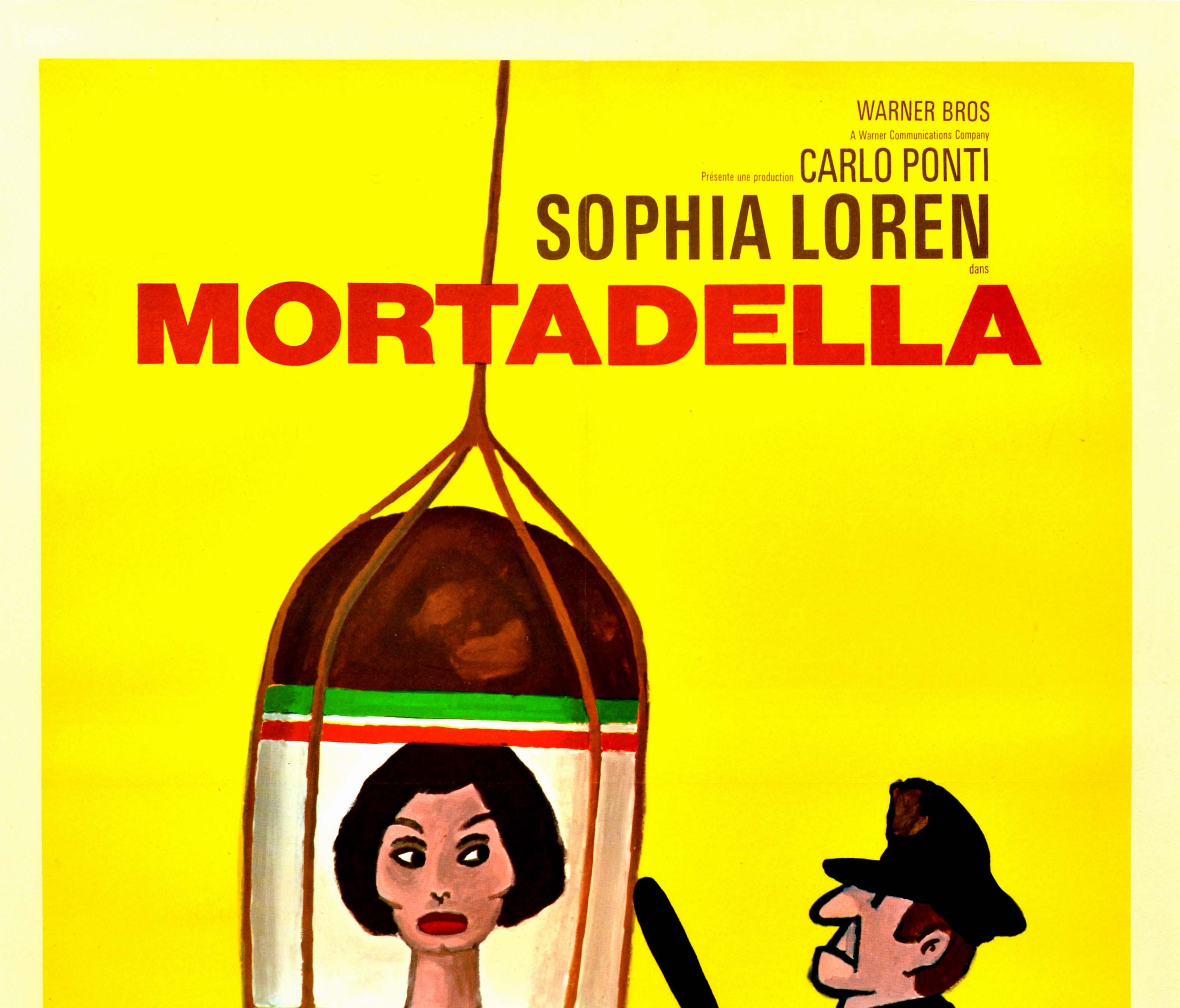 Original vintage film poster for the comedy film Mortadella / Lady Liberty directed by Mario Monicelli and produced by Carlo Ponti starring Sophia Loren as an Italian lady Maddalena Ciarrapico, who arrives in America and is held by US Customs for