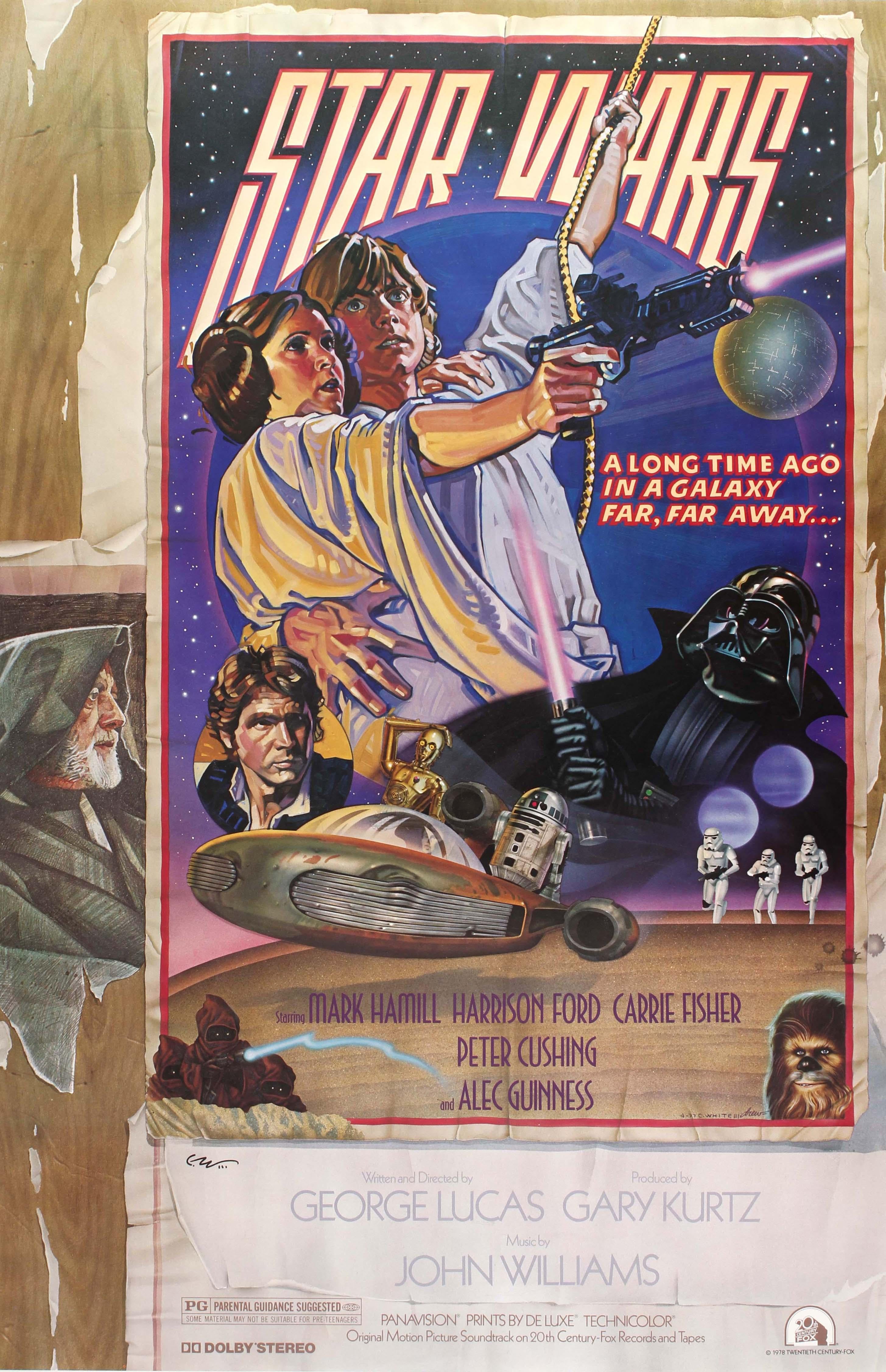 Original vintage movie poster for the classic film directed by George Lucas - Star Wars: Episode IV A New Hope - starring Mark Hamill as Luke Skywalker, Harrison Ford as Han Solo, Peter Mayhew as Chewbacca, Carrie Fisher as Princess Leia, Alec