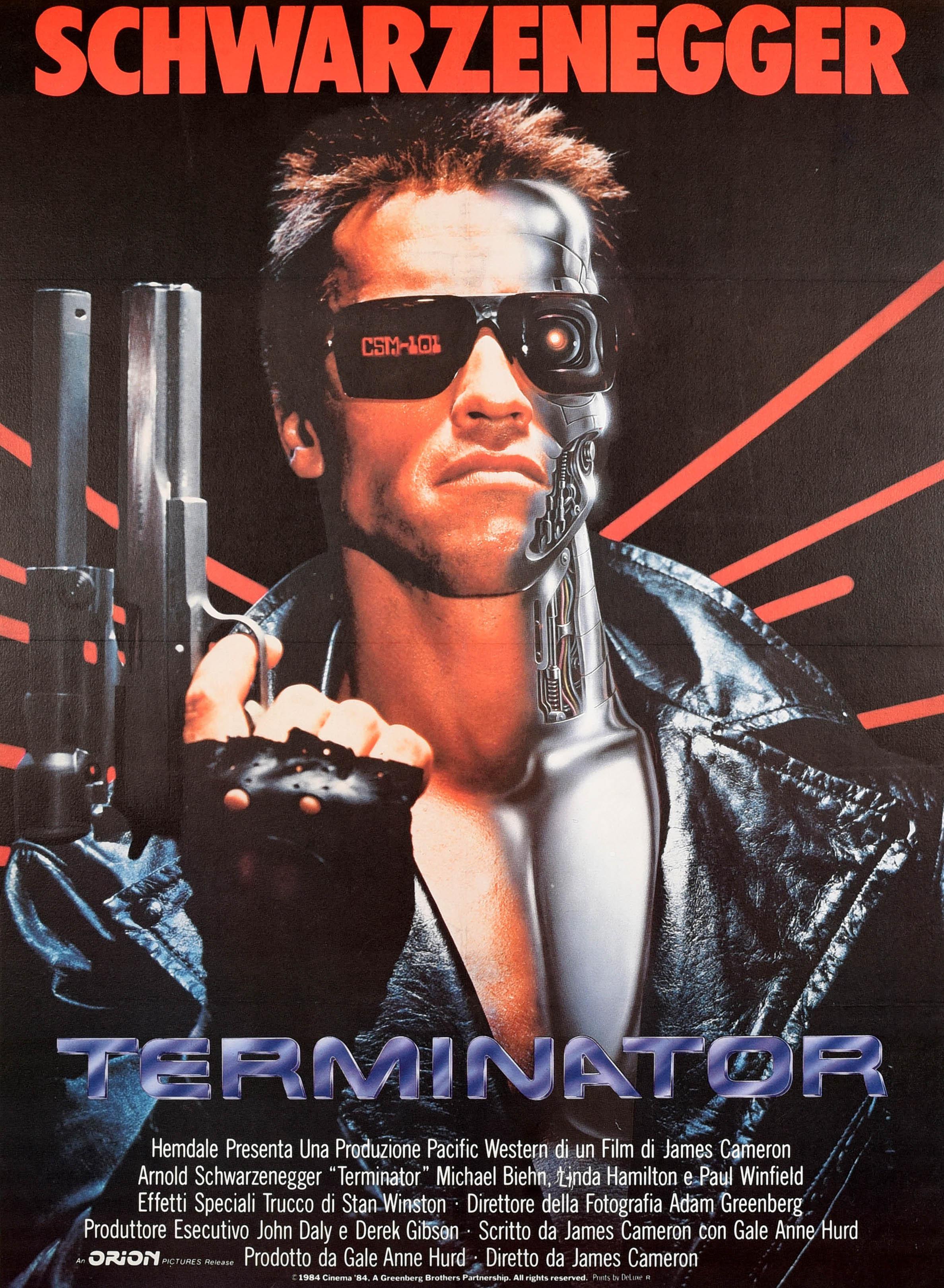 Original vintage movie poster for the Italian release in 1985 of the 1984 American science fiction film The Terminator directed by James Cameron and starring Arnold Schwarzenegger in the lead role with Linda Hamilton as Sarah Connor, Michael Biehn