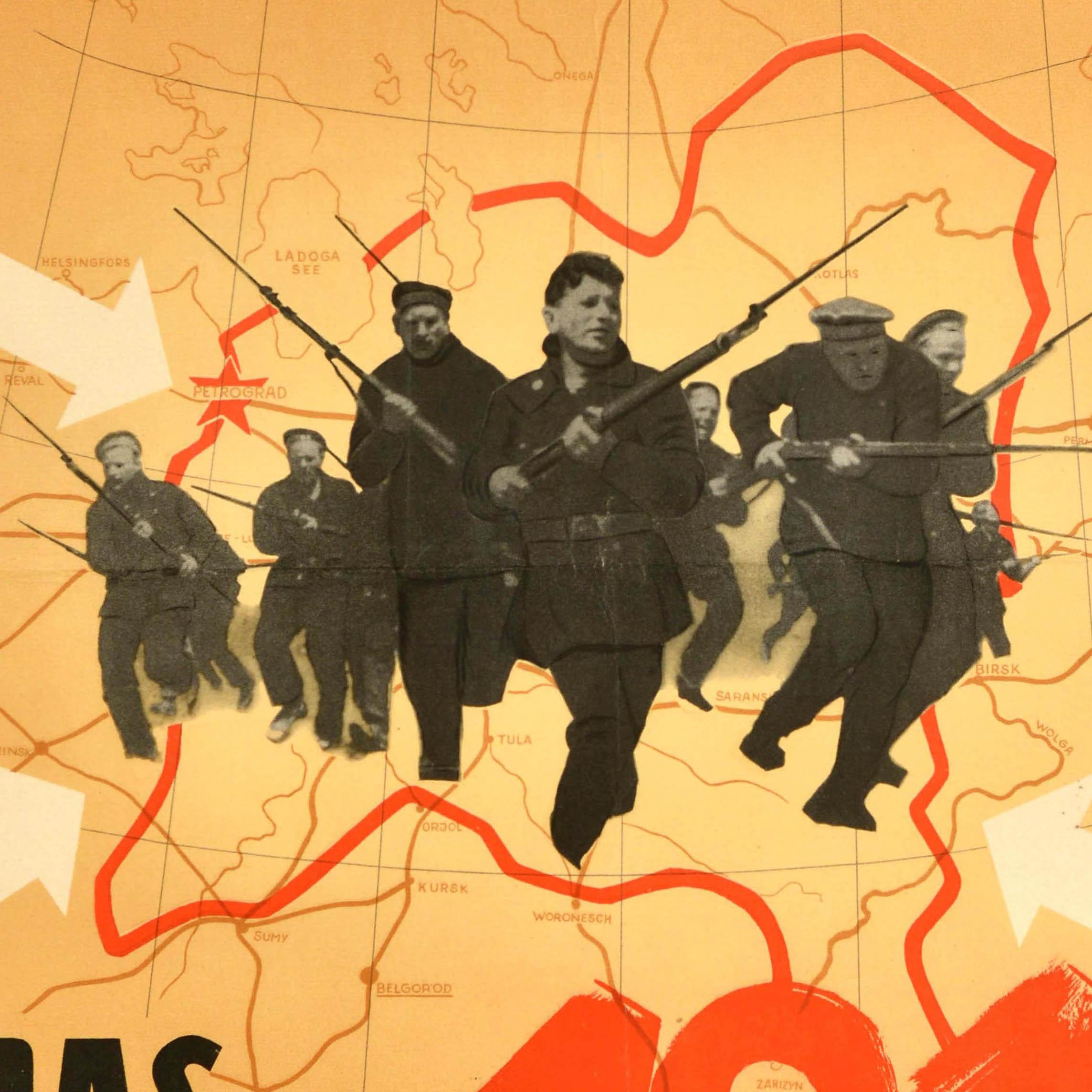 Original-Filmplakat für den deutschen Kinostart des russischen Bürgerkriegsdramas von 1951 über den Angriff auf Petrograd zwischen der Weißen und der Roten Armee unter der Regie von Mikheil Chiaureli - Das Unvergessliche Jahr 1919 / Das