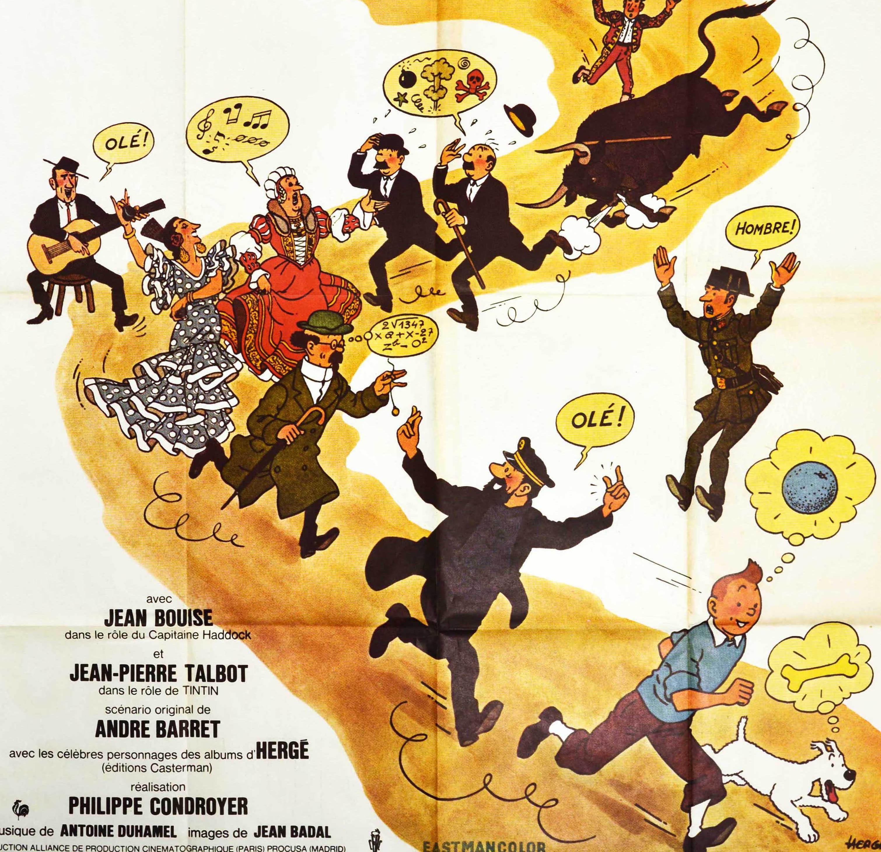 Affiche originale du film d'aventure franco-espagnol Tintin et les oranges bleues / Tintin and the Blue Oranges, basé sur la série de bandes dessinées Les Aventures de Tintin du dessinateur belge Herge (Georges Prosper Remi ; 1907-1983), écrit avec