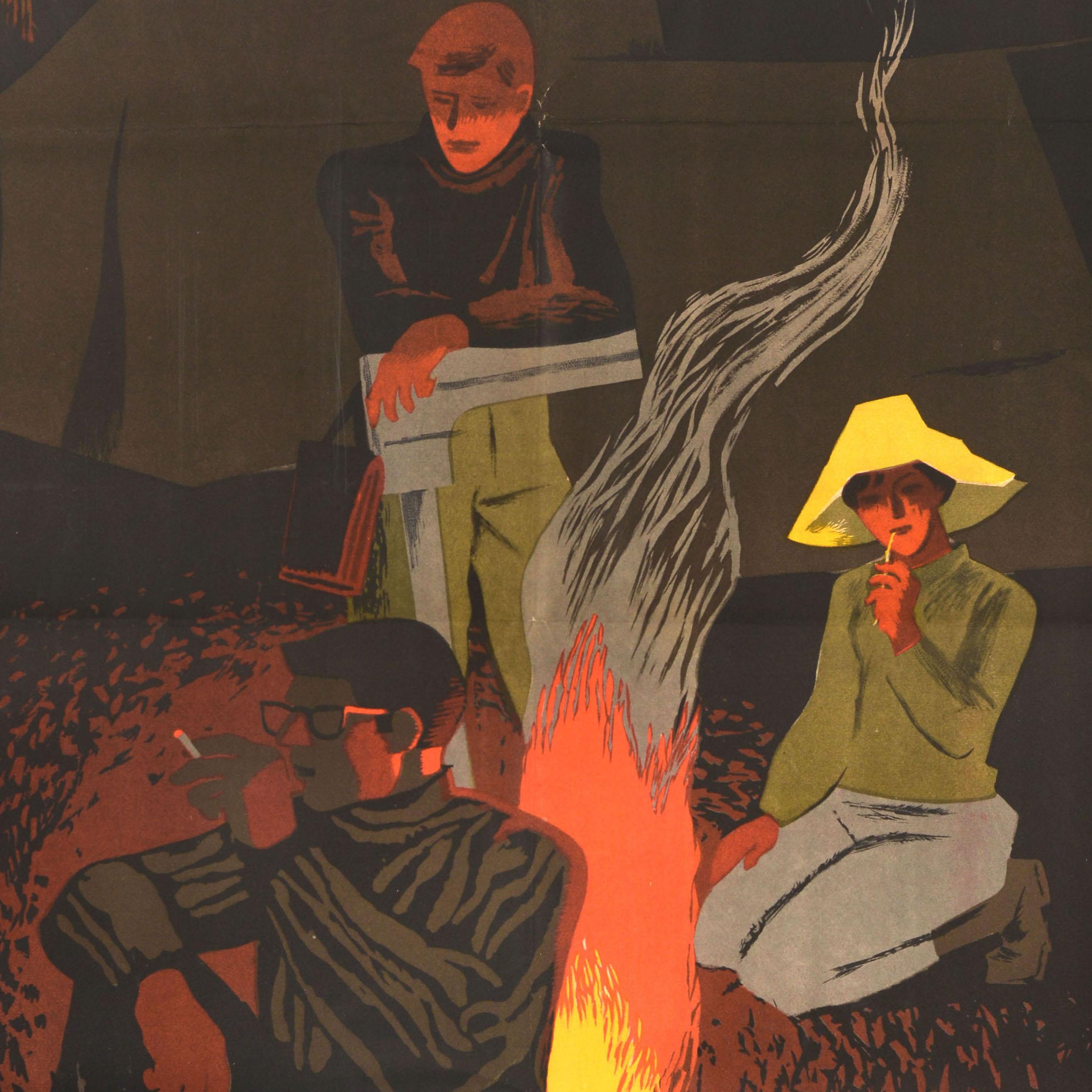 Original vintage movie poster for a 1963 Soviet adventure film. Paths of Altai - directed by Yuri Pobedonostsev and based on a novel of the same name by Sergei Zalygin. Great artwork showing three people sitting around a campsite fire with tents and