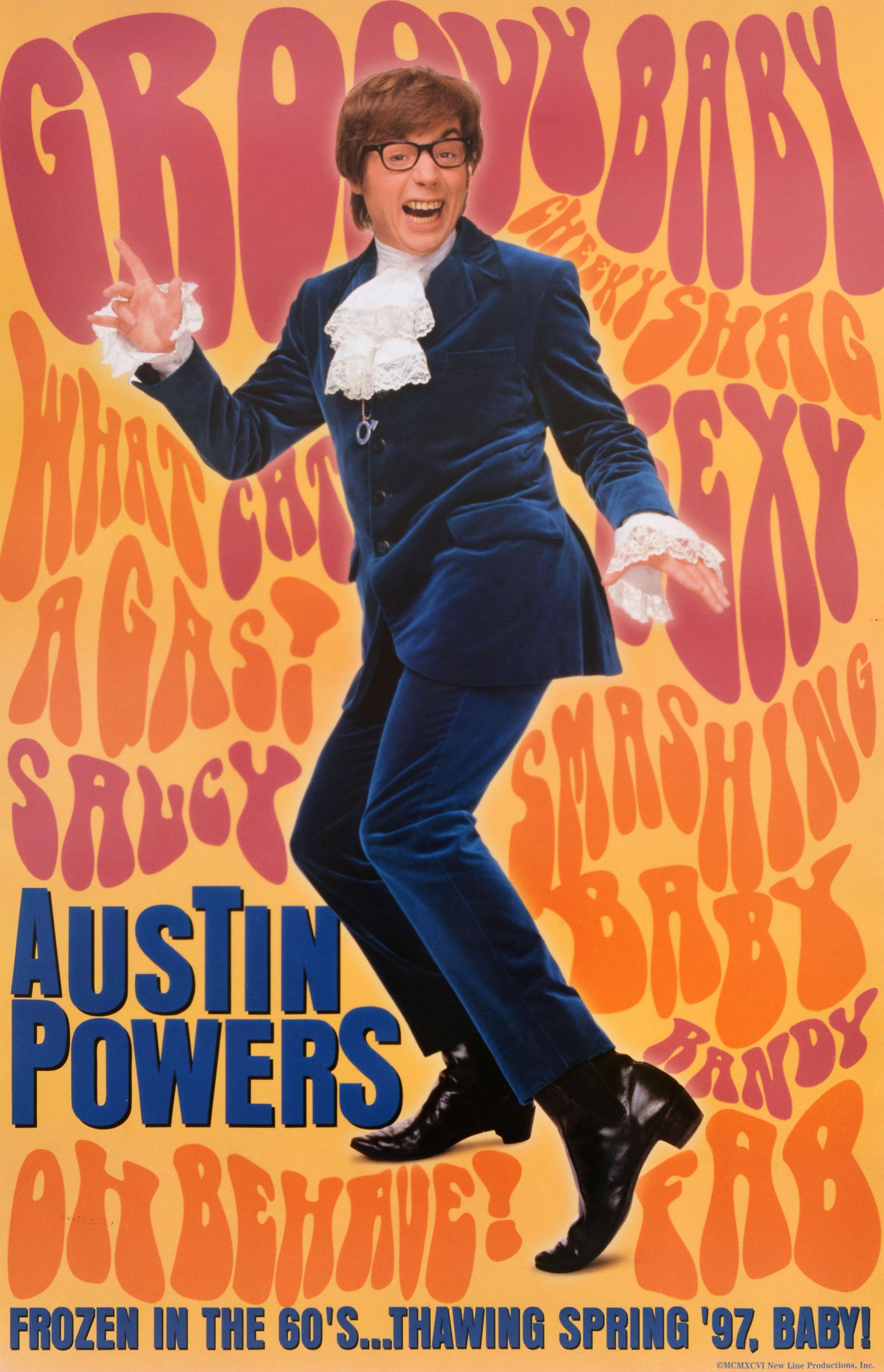 Poster teaser originale d'epoca per l'uscita del primo film della serie di commedie satiriche di spionaggio - Austin Powers Frozen in the 60's...Thawing Spring '97, Baby! - diretto da Jay Roach e interpretato da Mike Myers nel ruolo principale
