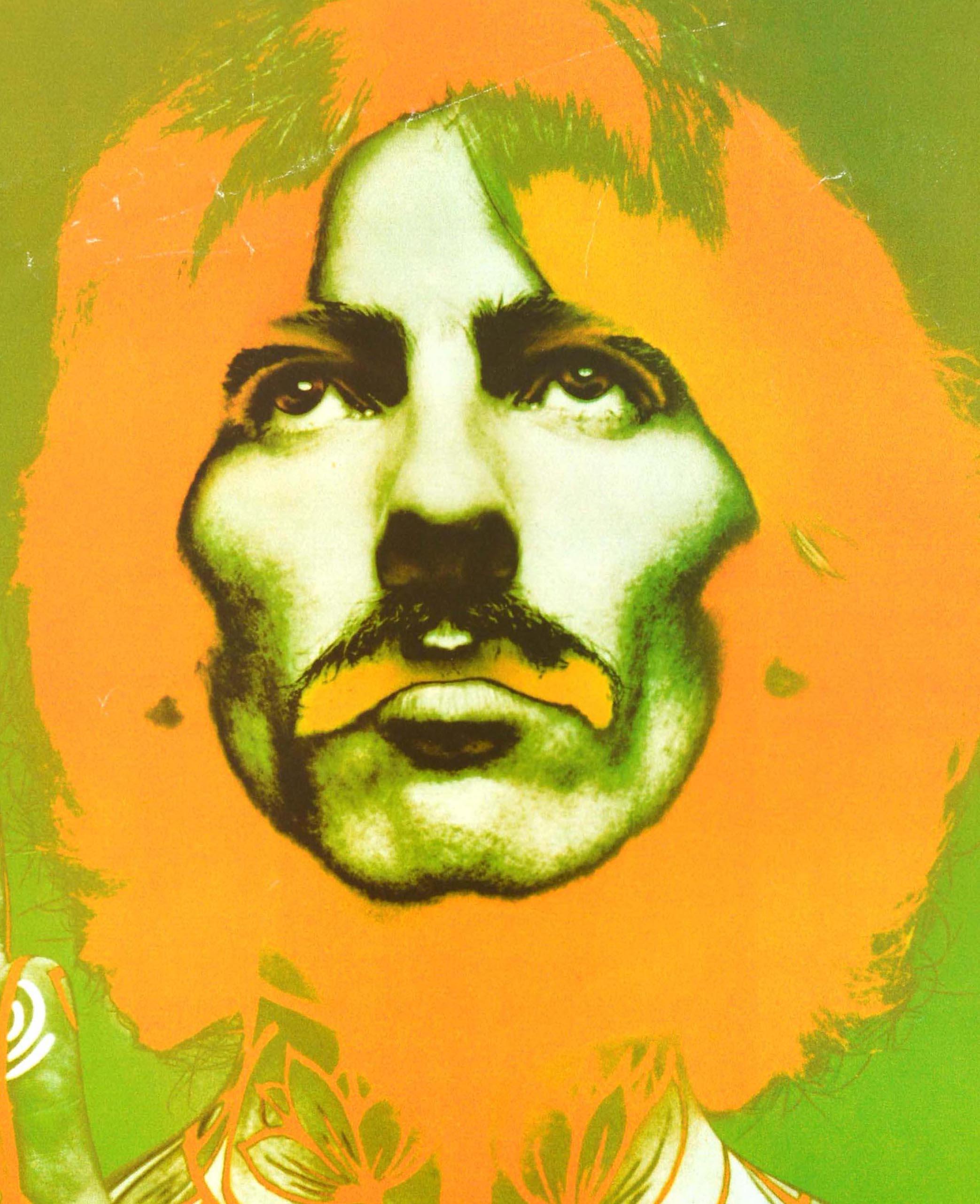 Original vintage music advertising poster featuring a colourful and psychedelic photo design using a new solarisation technique by the American photographer Richard Avedon (1923-2004) of the Beatles musician and singer songwriter George Harrison