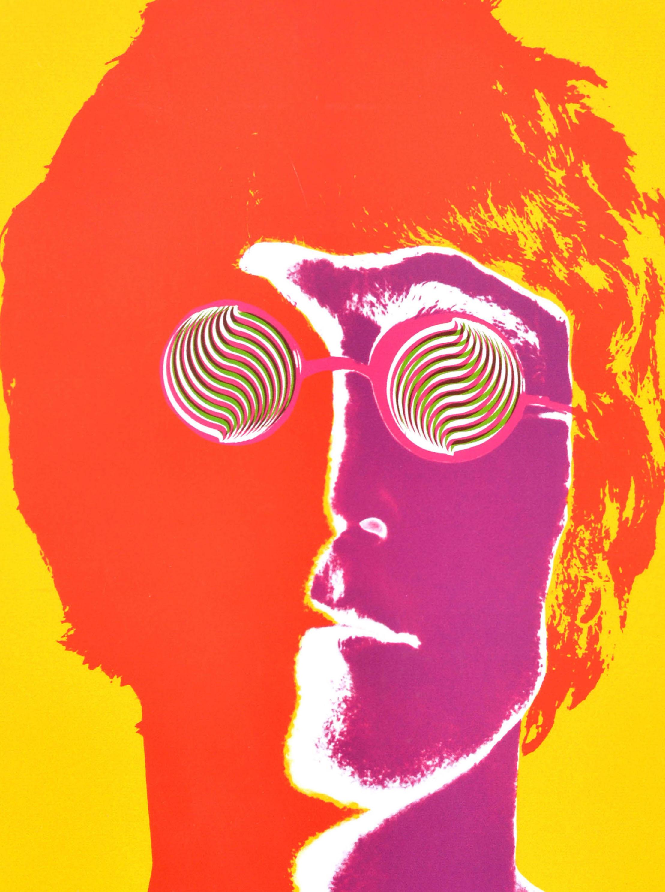 Original vintage music advertising poster featuring a colourful and psychedelic photo design using a new solarisation technique by the American photographer Richard Avedon (1923-2004) of the Beatles musician and singer songwriter John Lennon (John