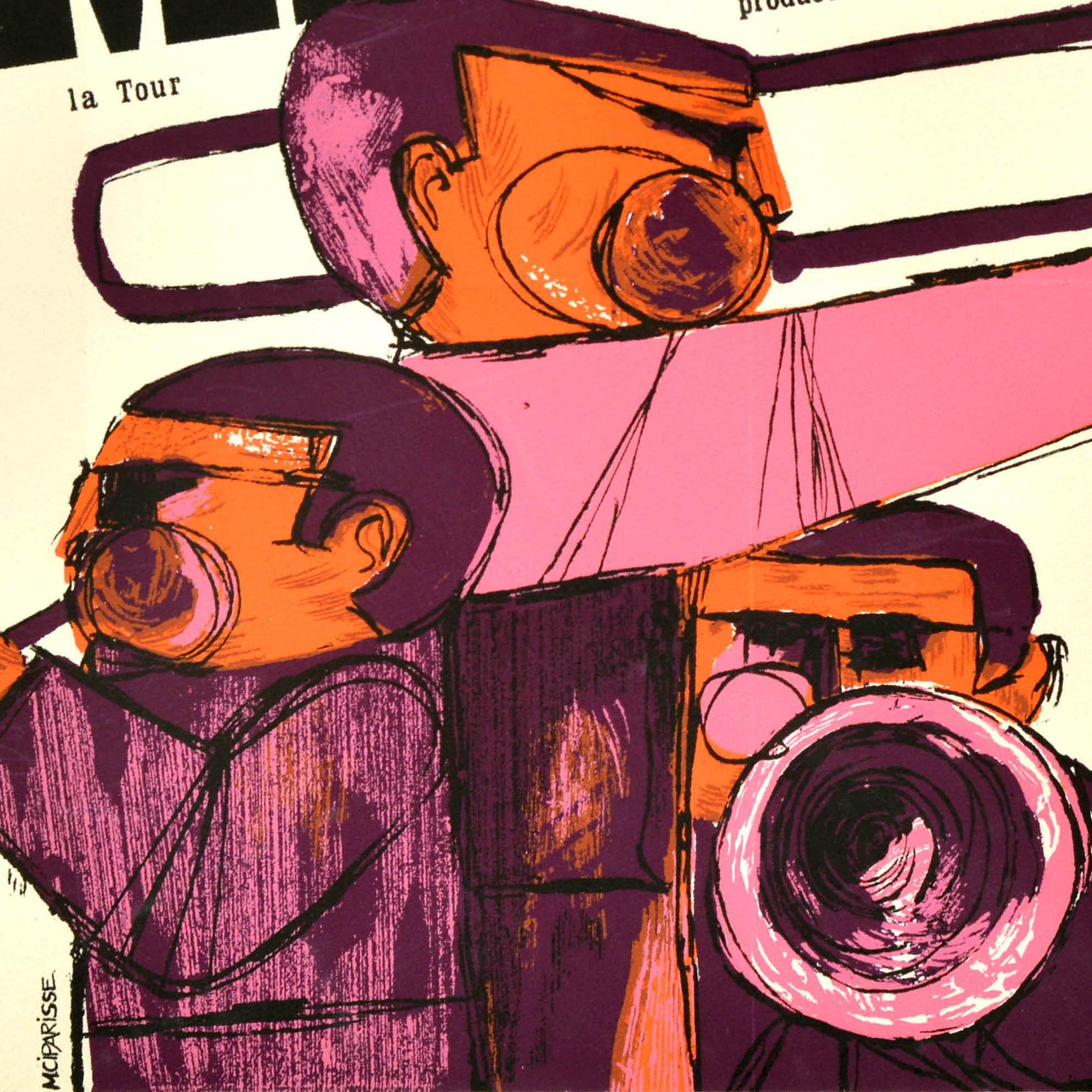 Original vintage music advertising poster for the Comblain 65 International Jazz Festival la tour produced by Joe Napoli held from 31 July to 1 August featuring a great illustration of three musicians playing trombone and trumpet brass instruments