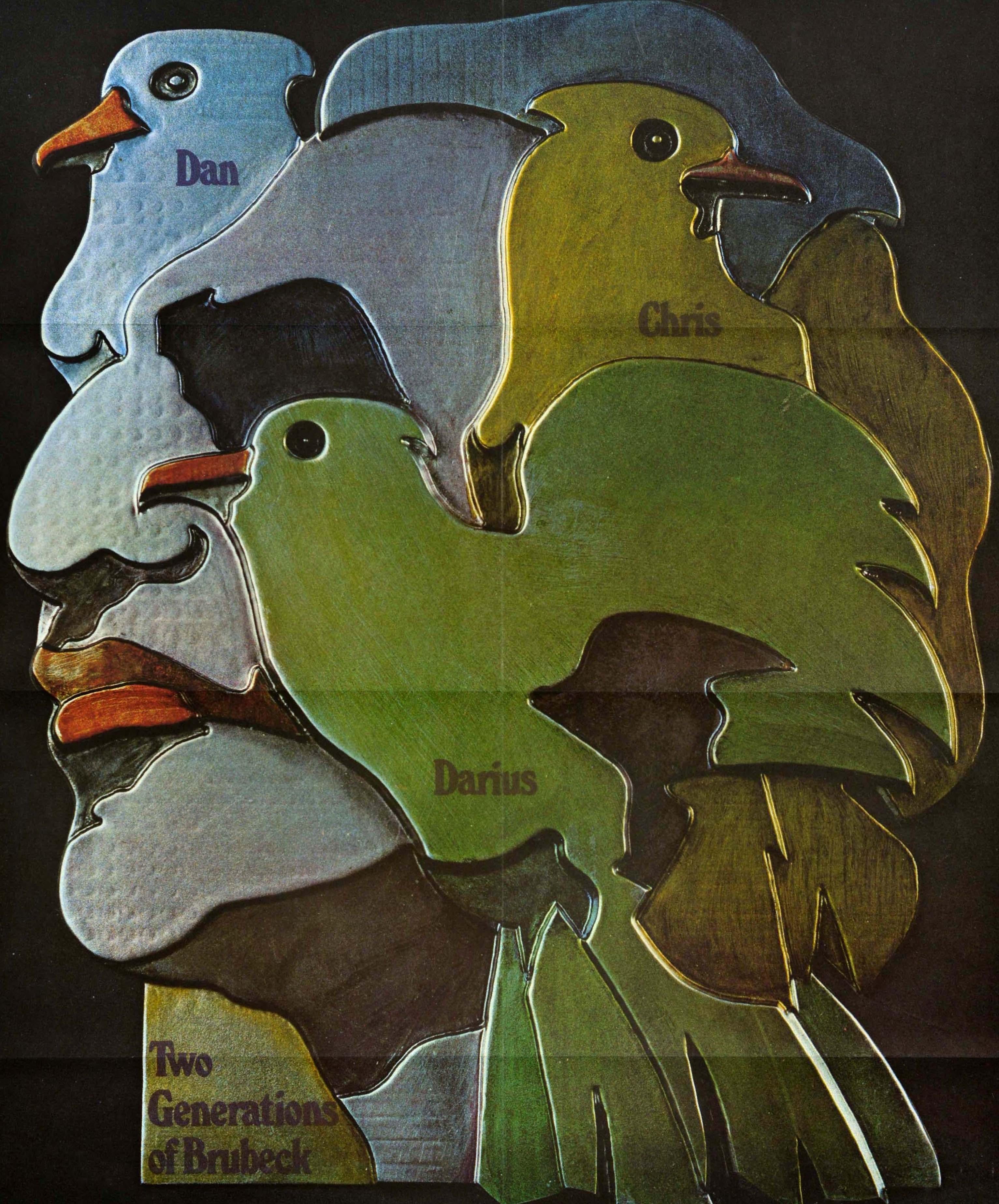 Original-Werbeplakat für Dave Brubeck & Sons Two Generations of Brubeck mit einem stilisierten Bild des Gesichts des berühmten amerikanischen Jazzmusikers, Komponisten und Bandleaders David Brubeck (David Warren Brubeck; 1920-2012), das von Vögeln