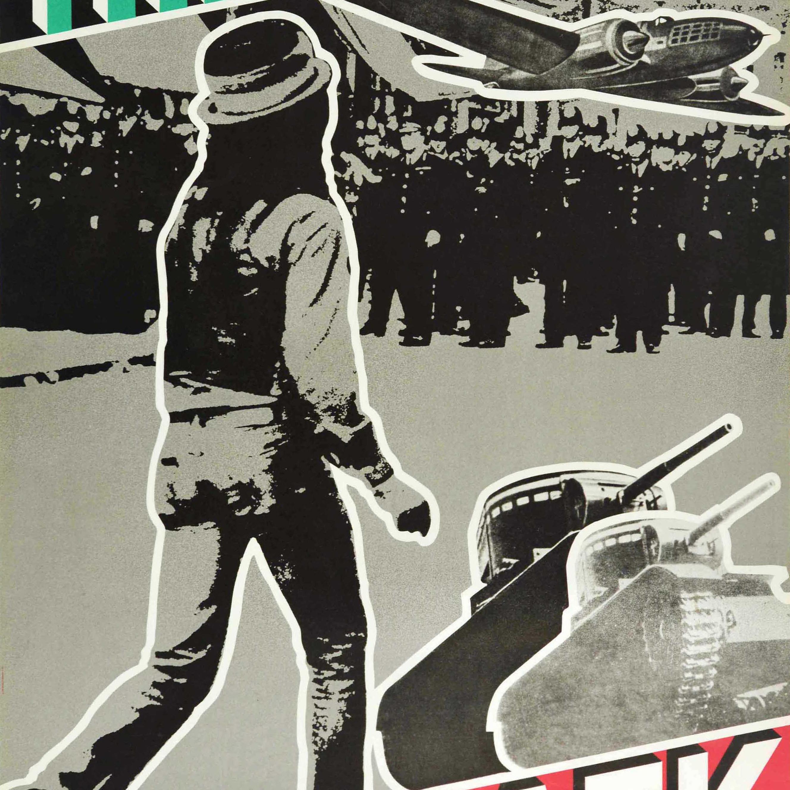 Original vintage music advertising poster for the 1980 album by the English punk rock band The Clash Black Market Clash featuring an iconic collage style illustration in black and white depicting a person walking towards a group of policemen with
