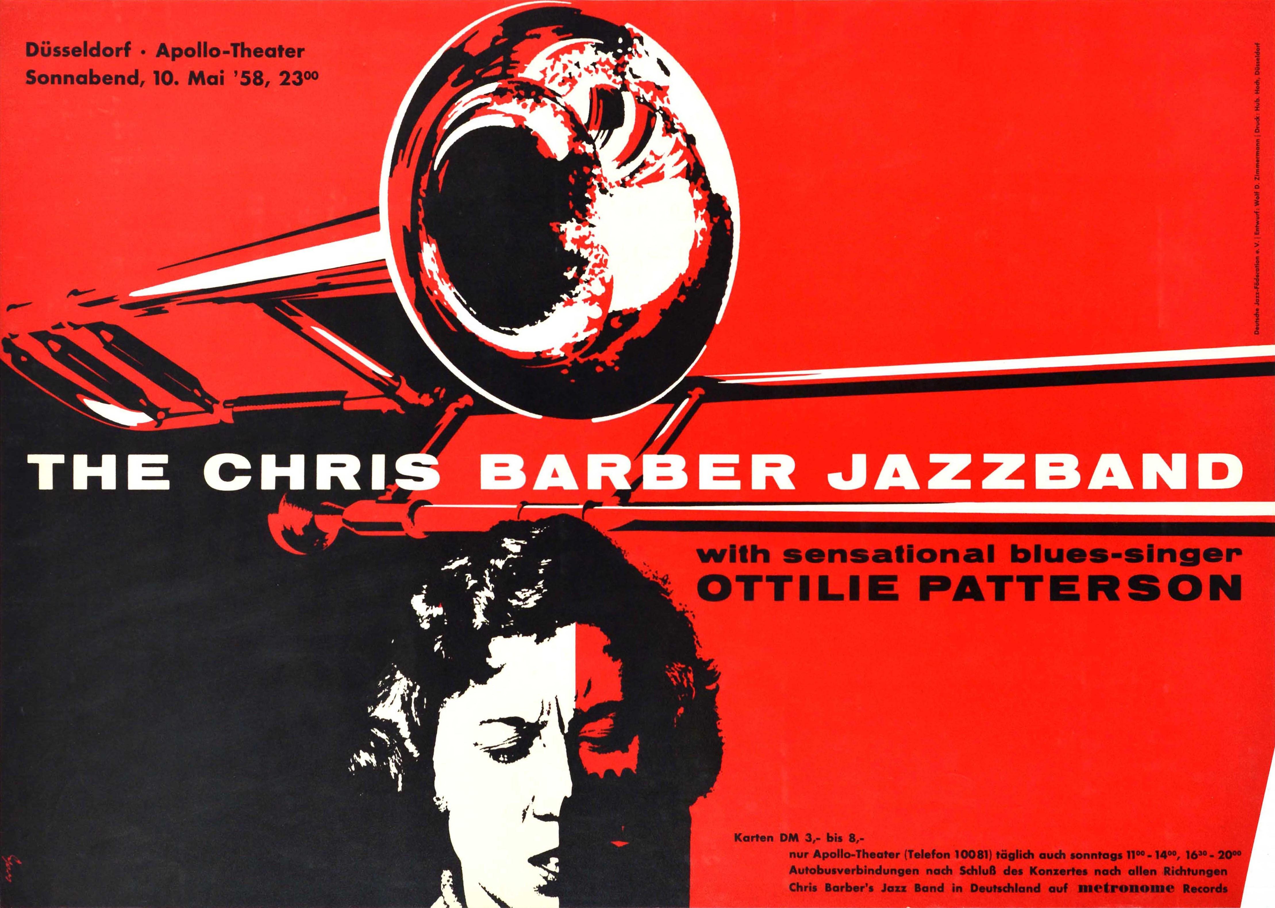 Original vintage advertising poster for a music concert featuring The Chris Barber Jazzband with sensational blues singer Ottilie Patterson at the Dusseldorf Apollo Theatre on 10 May 1958. Great design depicting an image of the Northern Irish blues