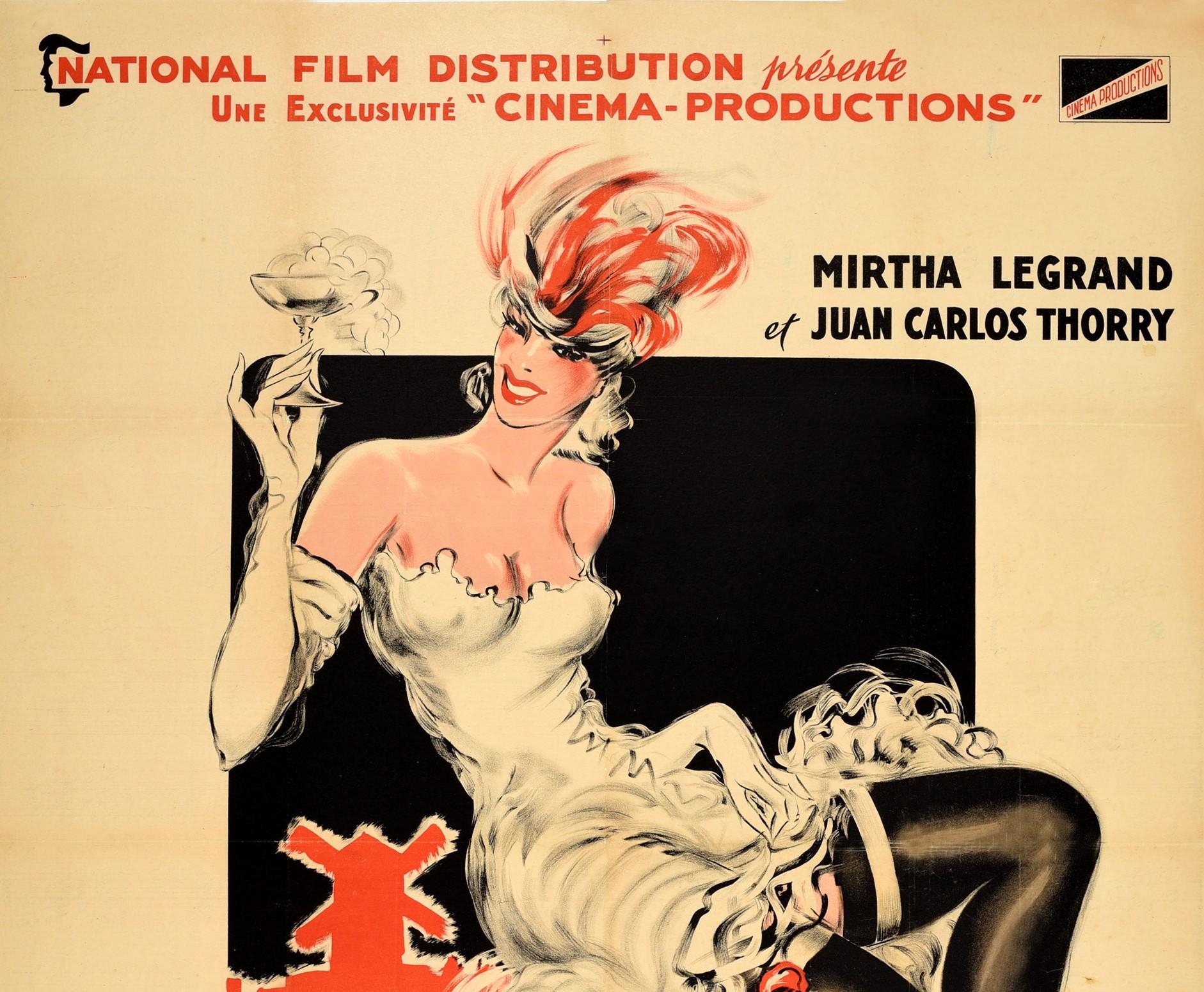 Original vintage movie poster for a musical comedy film La P'tite Femme du Moulin-Rouge featuring a great illustration by Vicente Cristellys (1898-1970) of a smiling lady wearing a white dress and gloves with red shoes and a feathered headdress