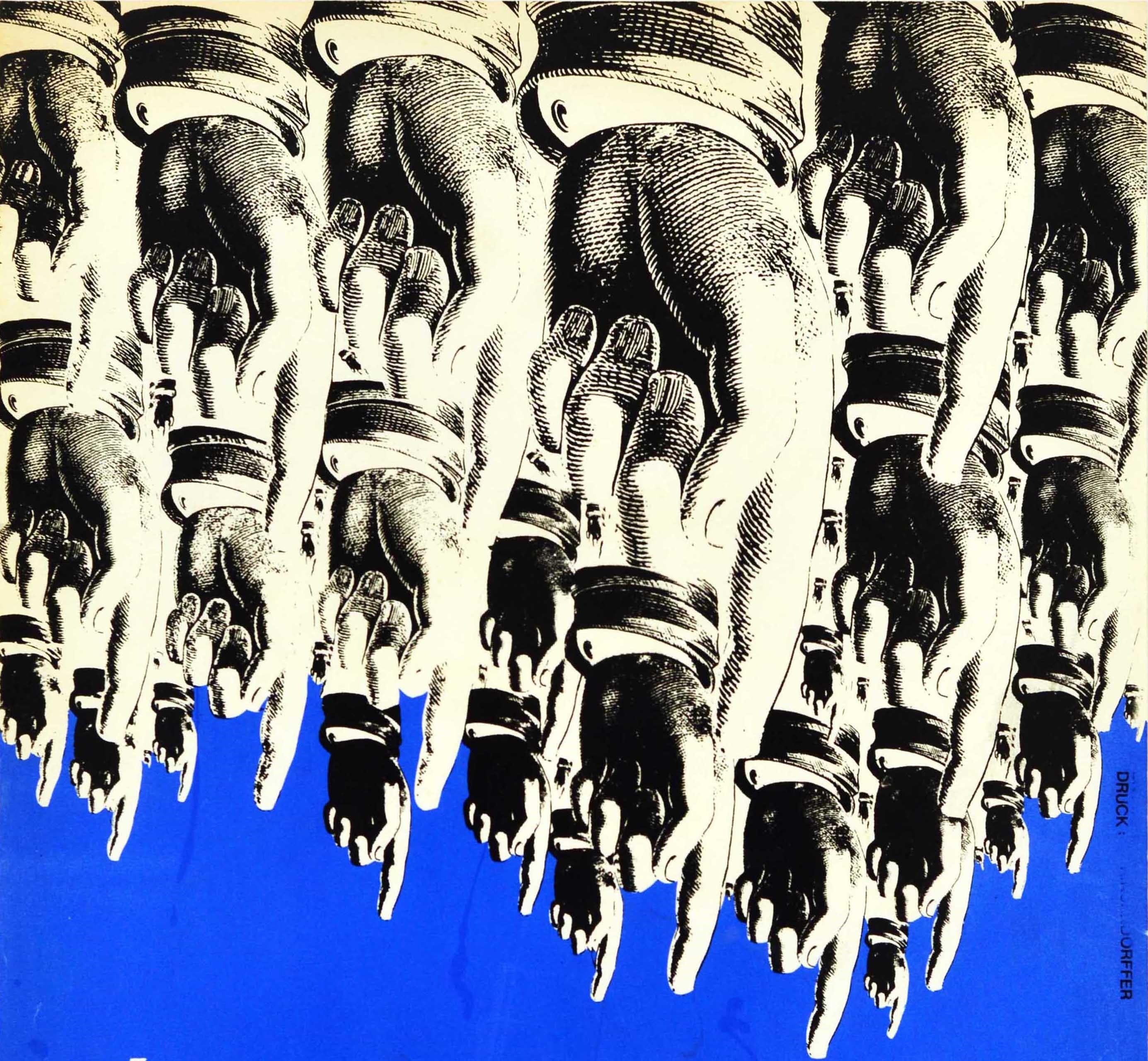 Original-Werbeplakat für Bix's Swinghouse im South Border Jazz Club in Bad Honnef am Samstag, den 17. Dezember. Das Plakat zeigt eine Collage aus schwarzen und weißen Händen, die mit dem Finger auf den Titel in der Mitte zeigen, auf blauem