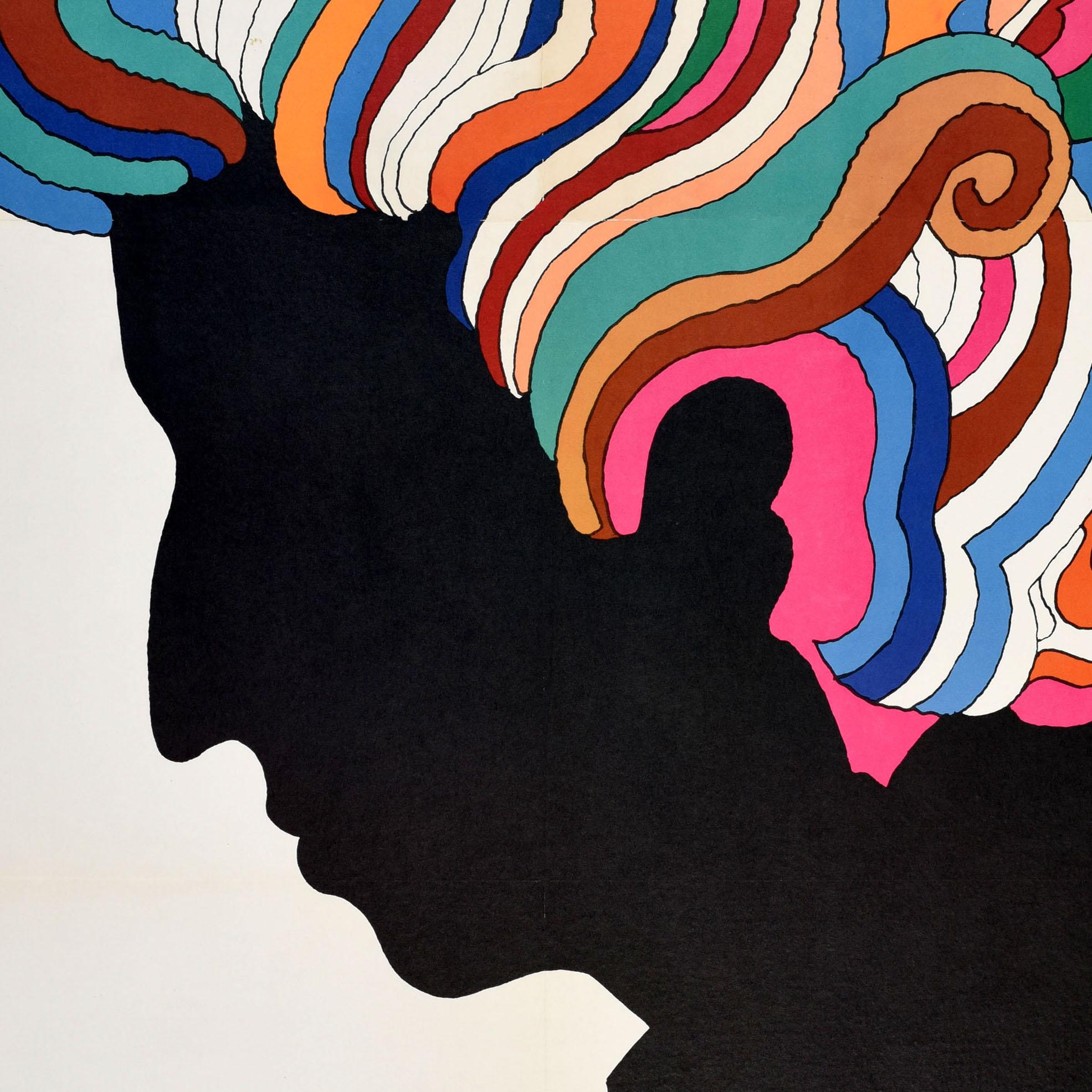 Affiche musicale originale de l'époque psychédélique des années 60, représentant l'image emblématique du musicien Bob Dylan (Robert Allen Zimmerman ; né en 1941). Ce dessin coloré représentant le profil de Dylan avec des cheveux tourbillonnants,