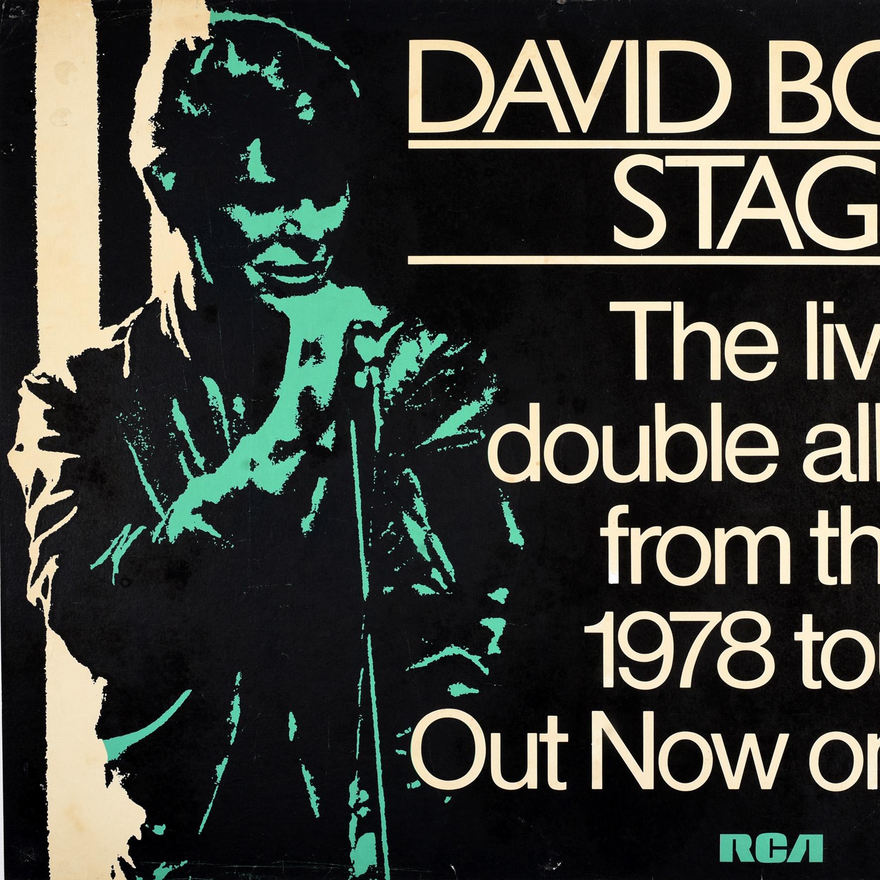 Original vintage music poster advertising David Bowie Stage The live double album from the 1978 Tour Out Now on RCA featuring an image of the album cover art depicting David Bowie singing into a microphone with the text down the side. Stage is the
