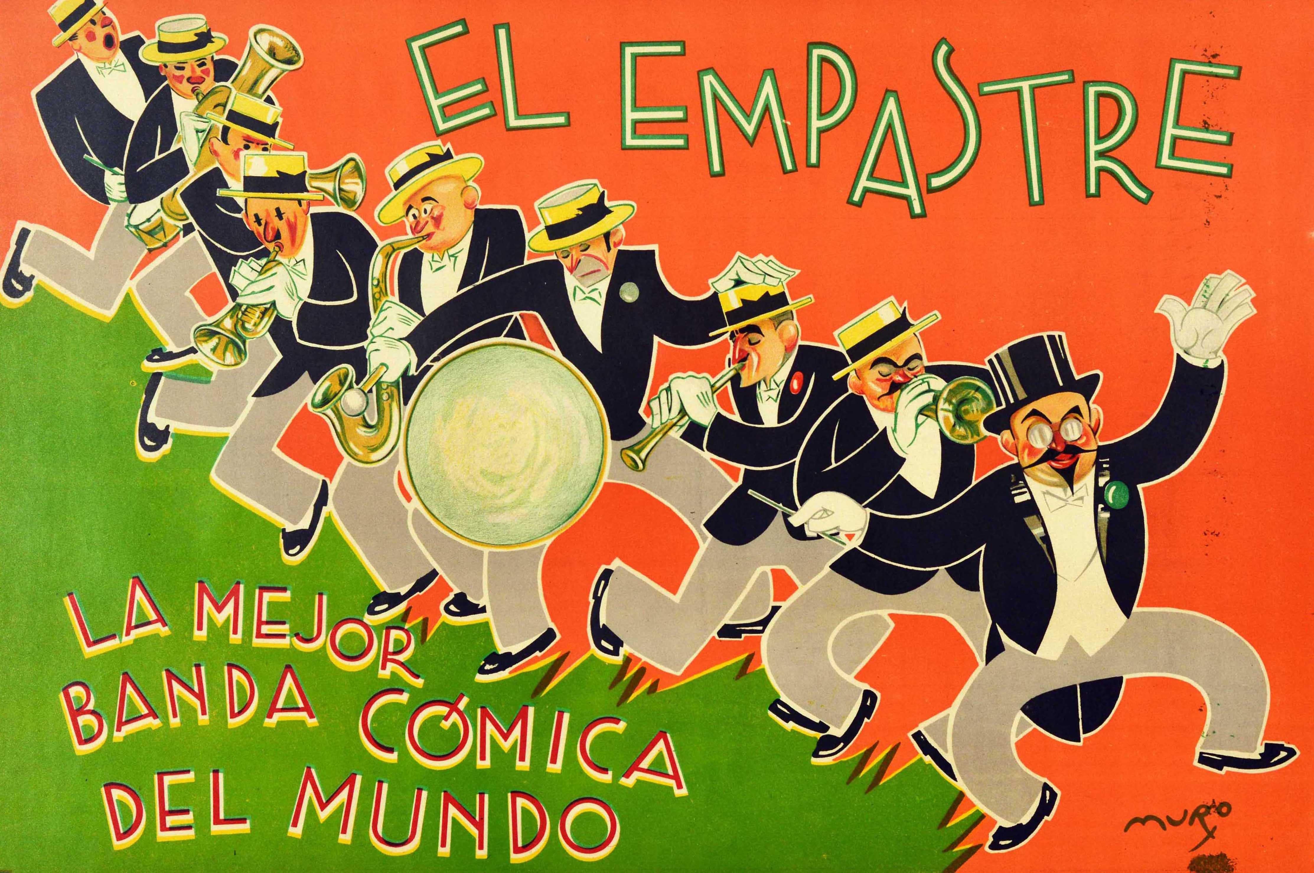 Original vintage music poster for El Empastre La Mejor Banda Comica del Mundo / The Best Comedy Band in the World featuring a fun design depicting the jazz band musicians with their instruments including a drum, saxophone and trumpet, playing music