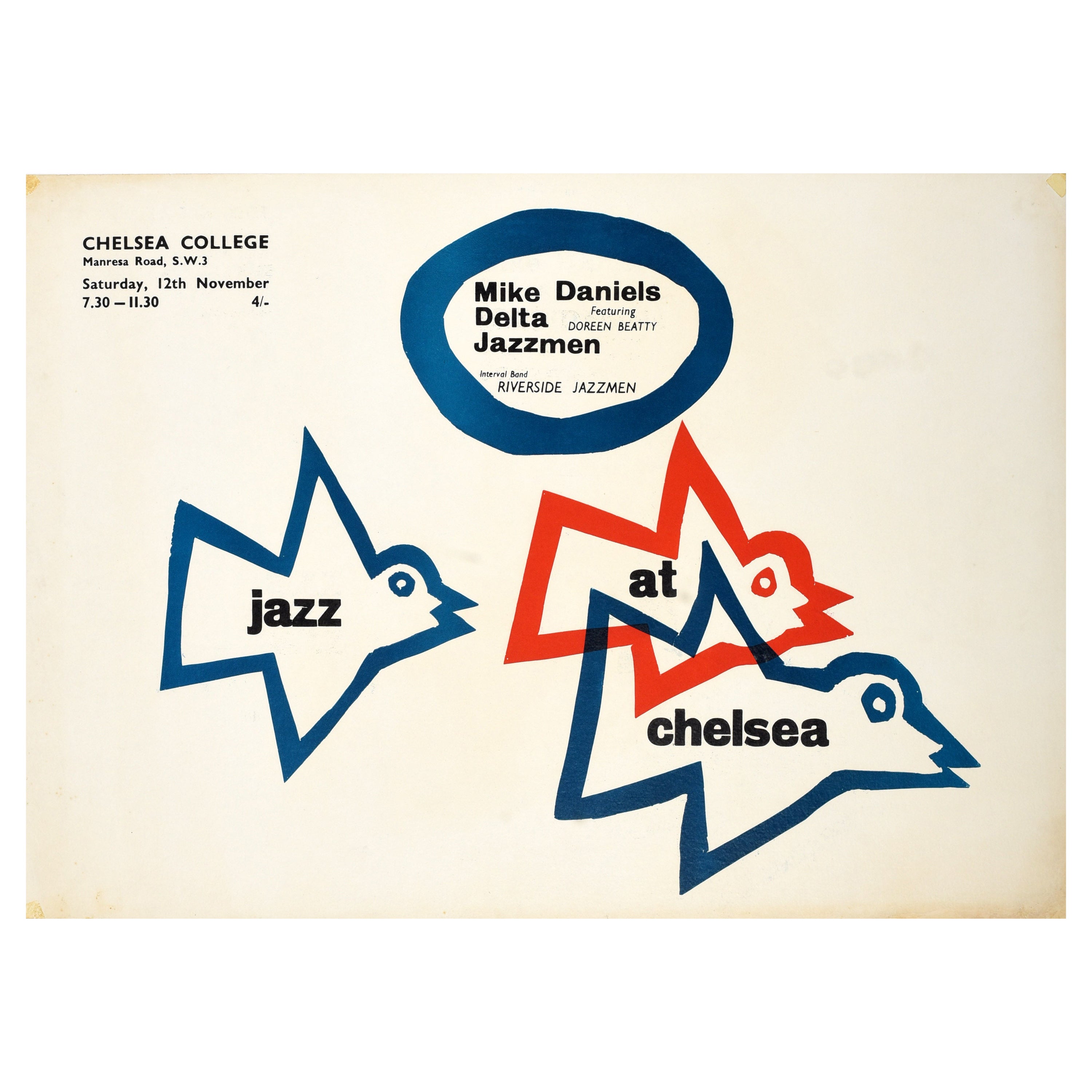 Poster musicale originale d'epoca Jazz At Chelsea Mike Daniels Delta Jazzmen Beatty