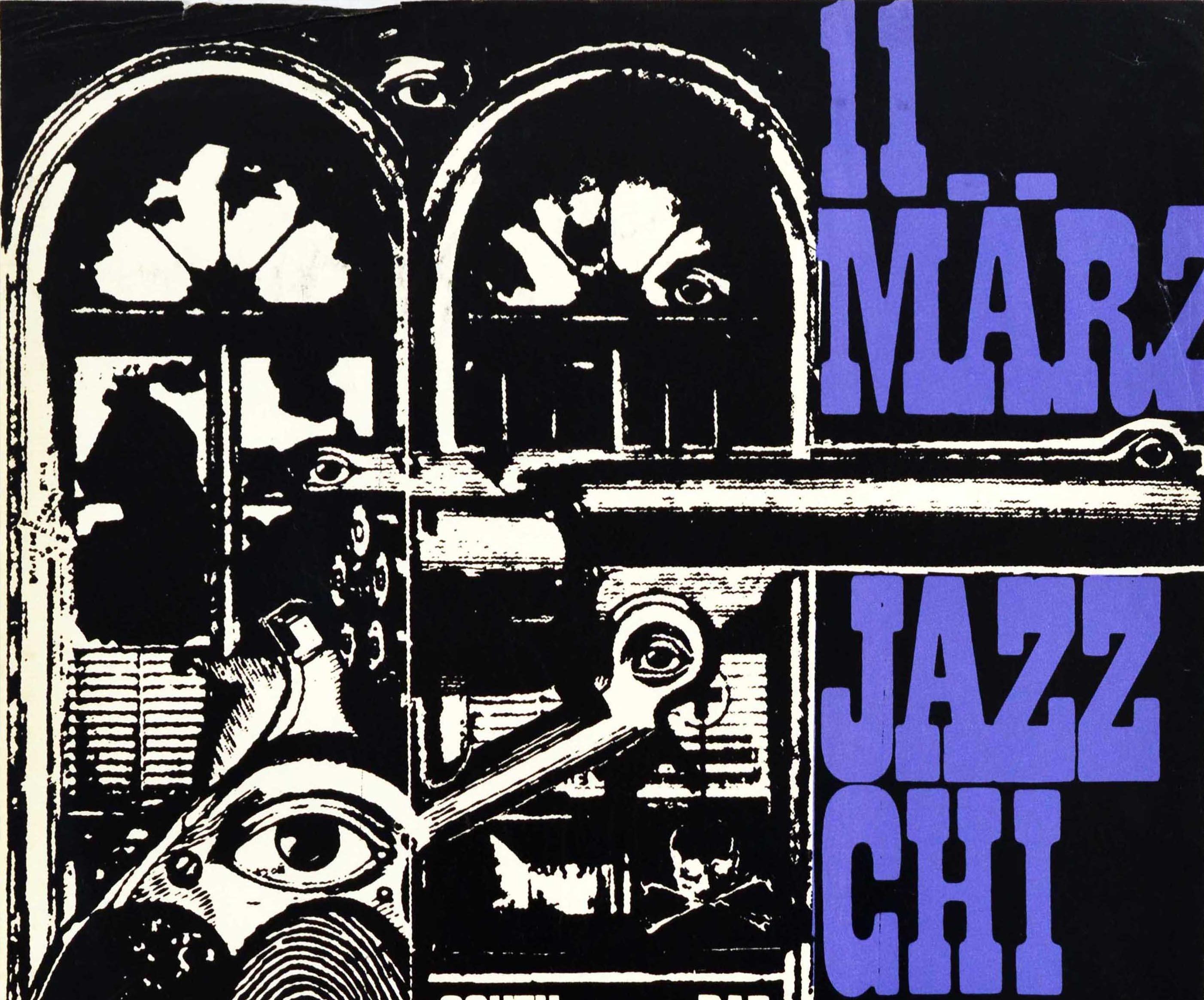 Originales Vintage-Werbeplakat für Jazz Chicago Seven im South Border Jazz Club Bad Honnef am 11. März mit einem abstrakten Schwarz-Weiß-Motiv und dem fettgedruckten Titeltext an der Seite und im Bild. Der 1968 in Bad Honnef bei Bonn eröffnete