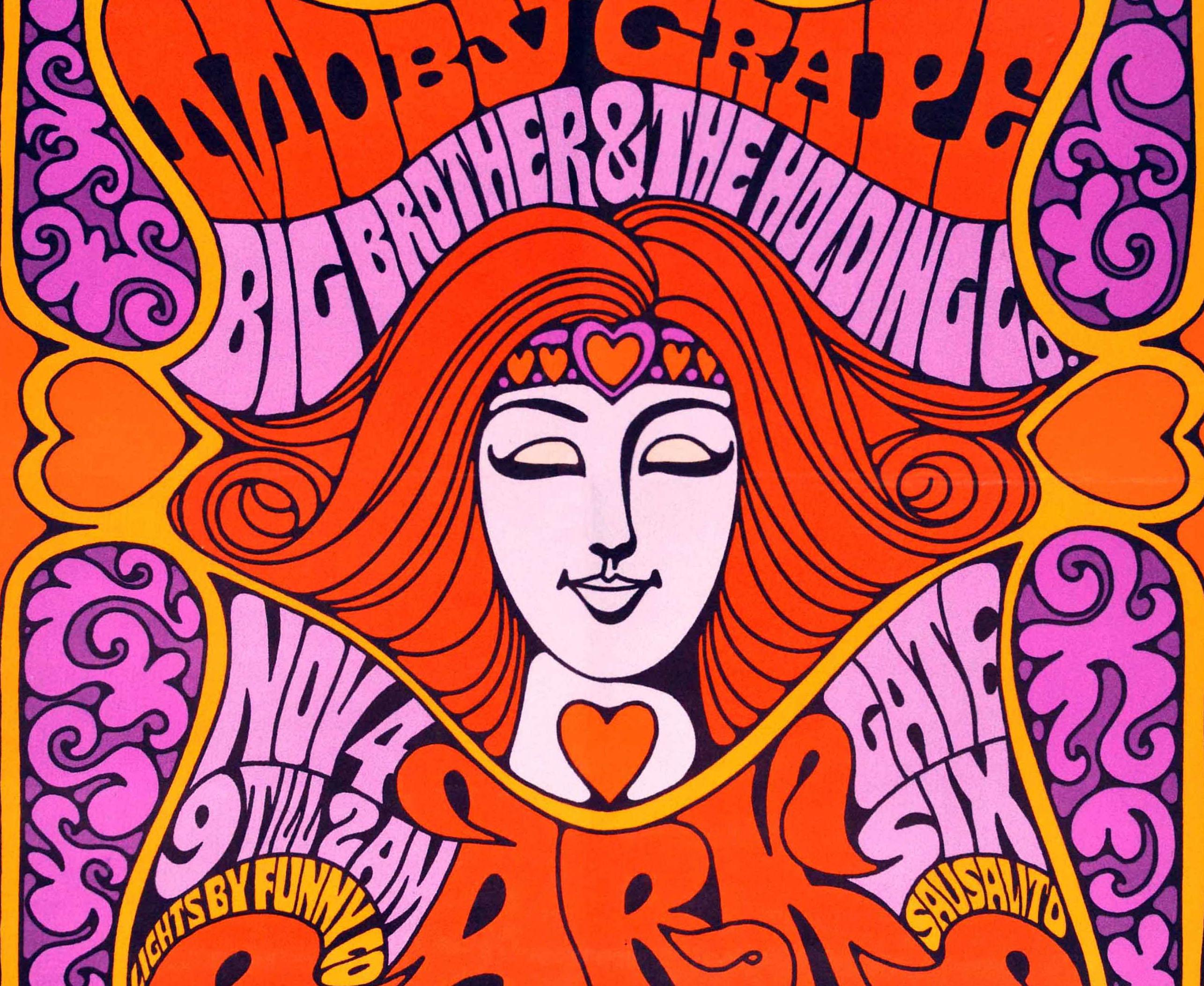 Original vintage music poster for the Dance Concert Moby Grape Big Brother & The Holding Co. held on 4 November from 9 till 2 am at the Ark featuring a colourful psychedelic flower power style illustration of a red haired hippy lady wearing a heart