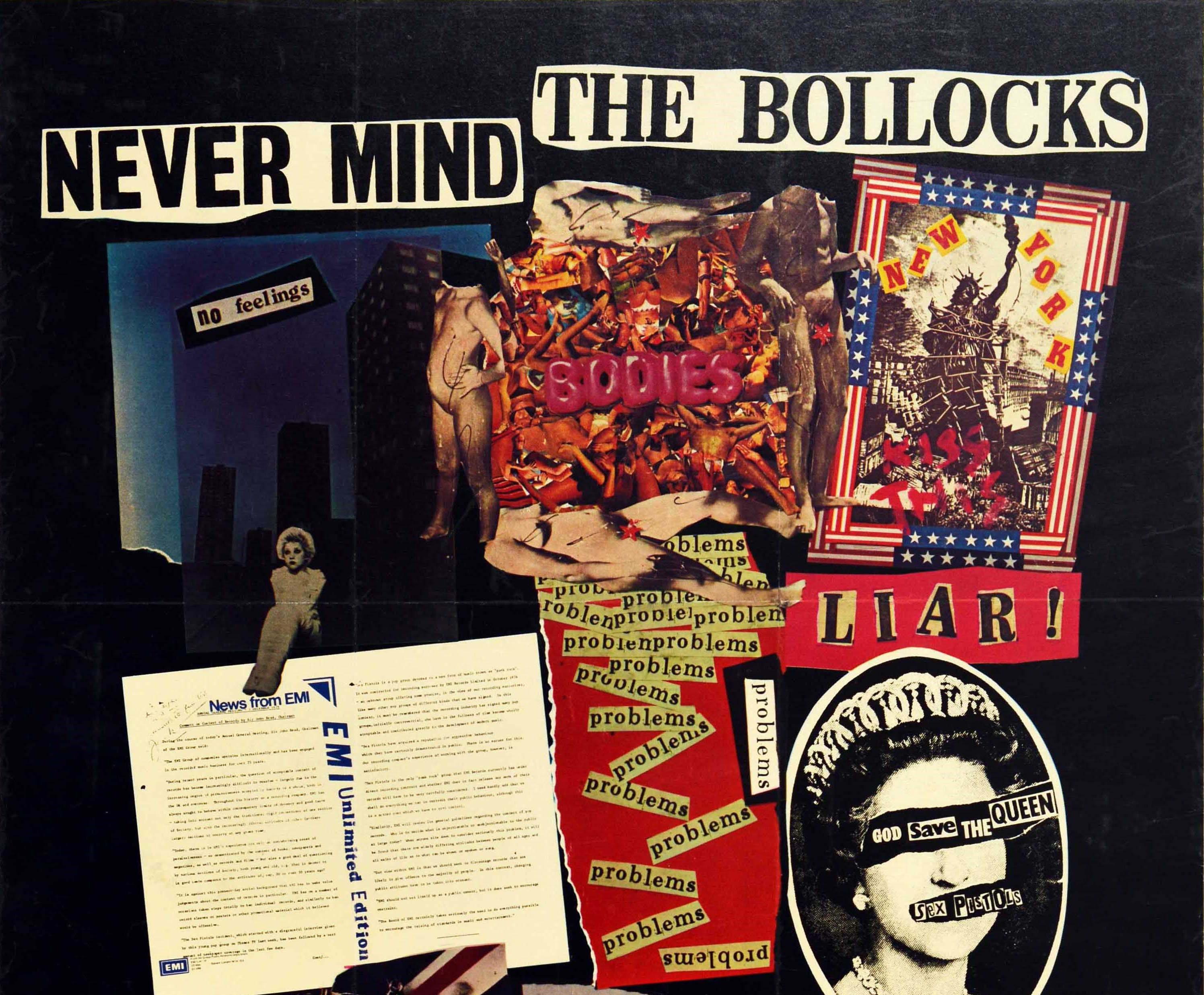 Original vintage music poster for Never Mind the Bollocks Here's the Sex Pistols album release featuring a colourful collage design depicting buildings with No Feelings above, people sunbathing and the word Bodies in the middle, the Statue of