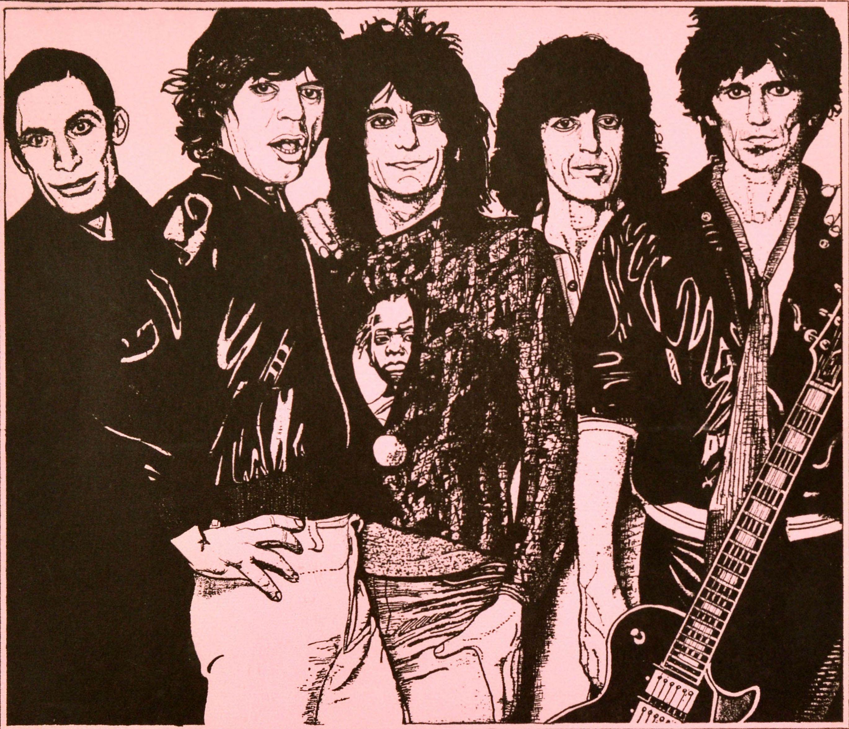 Affiche musicale originale de la 10e tournée américaine des Rolling Stones en 1981, représentant les membres du groupe Mick Jagger, Keith Richards, Ronnie Wood, Bill Wyman et Charlie Watts souriants, ainsi qu'une image de l'Oncle Sam pointant le