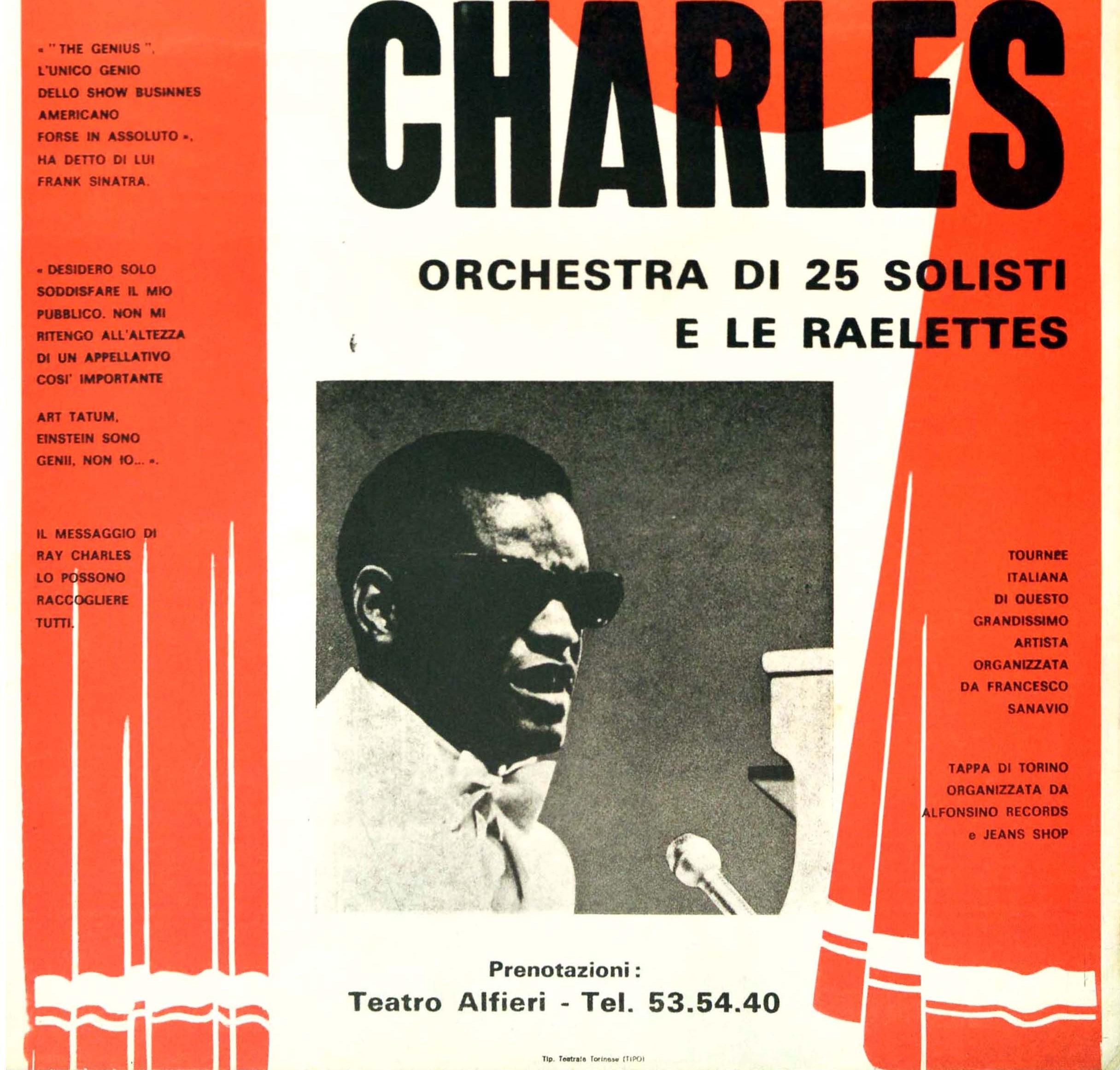 italien Affiche musicale vintage d'origine The Genius Ray Charles, concert unique Turin, Italie en vente