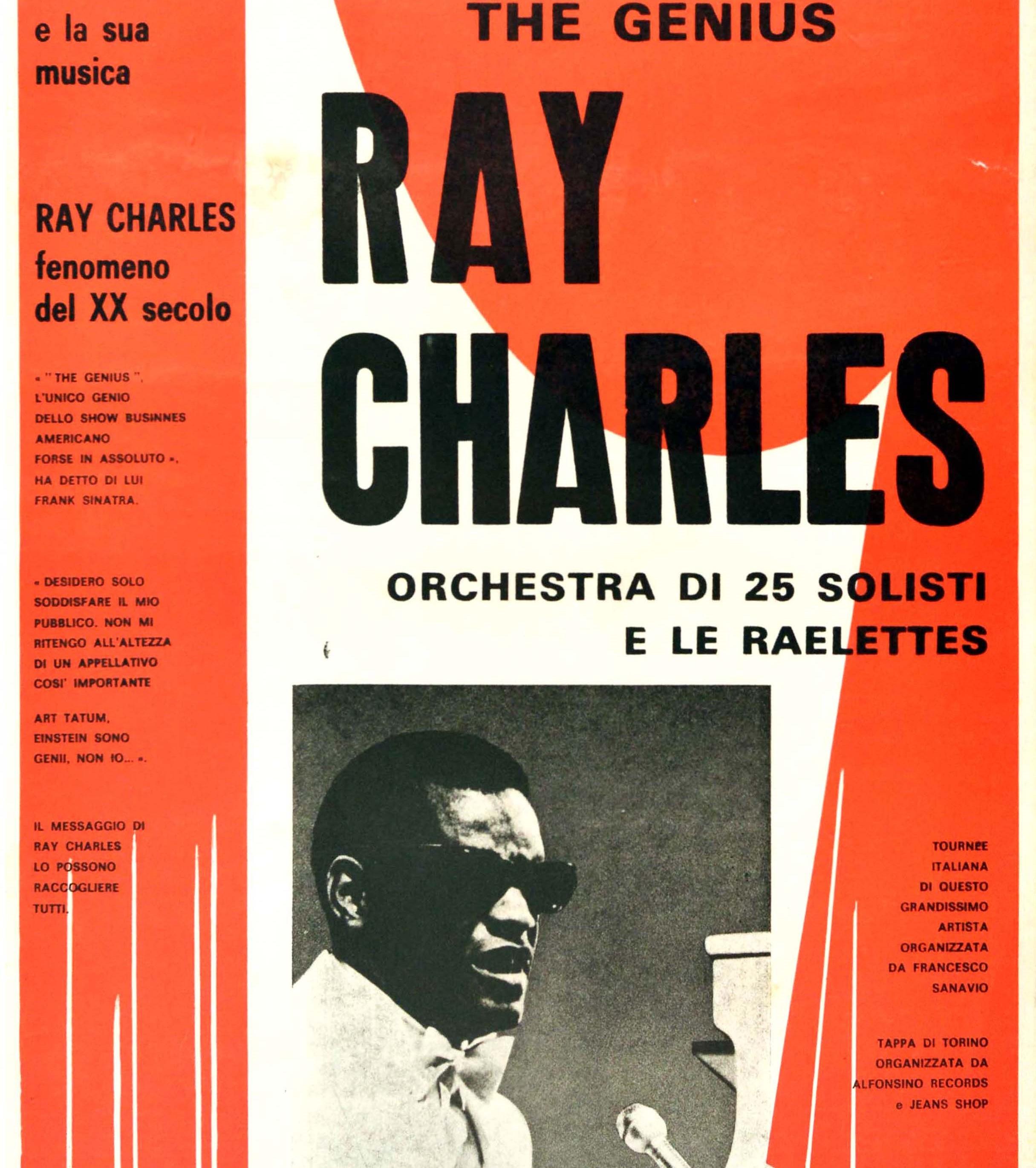 Affiche musicale vintage d'origine The Genius Ray Charles, concert unique Turin, Italie Bon état - En vente à London, GB