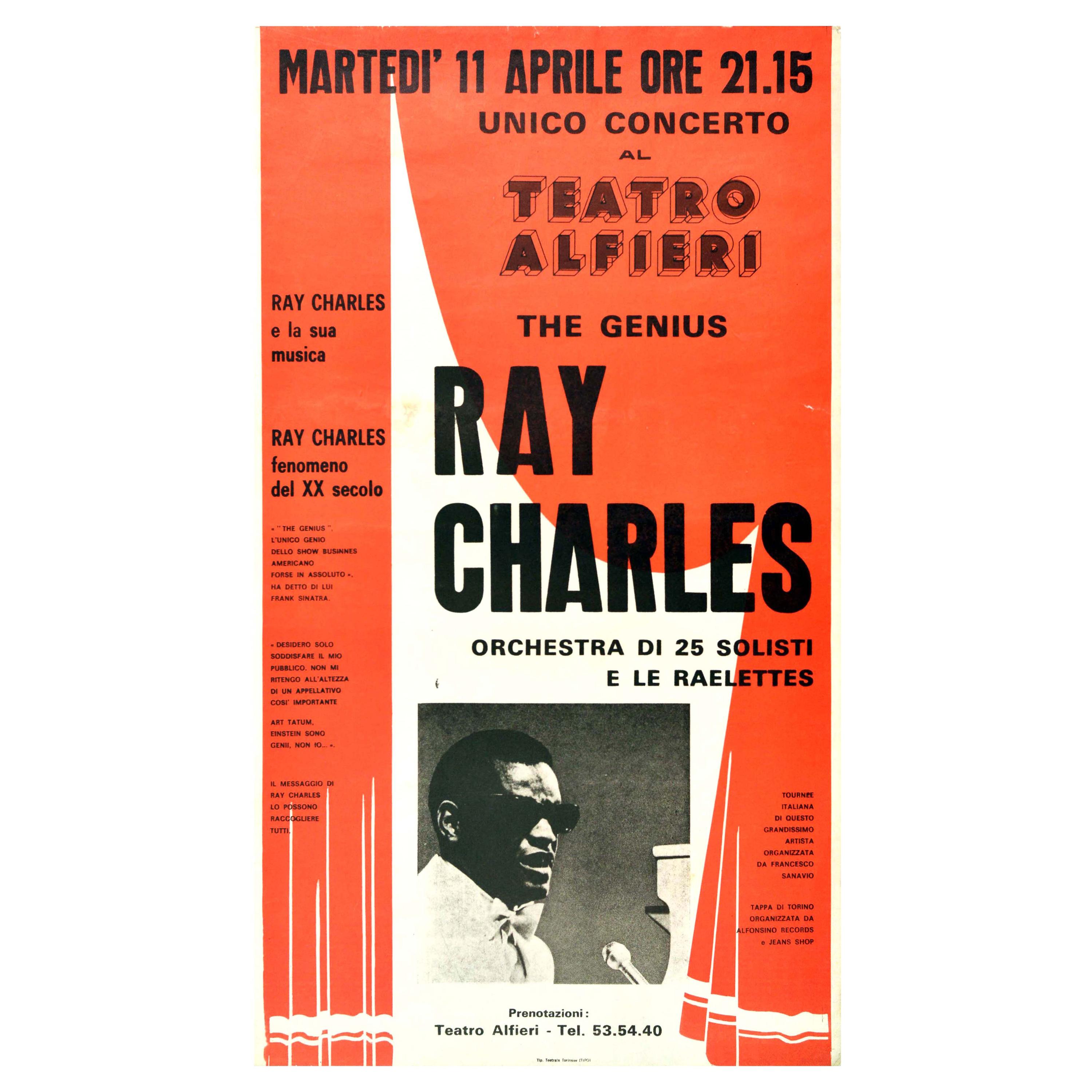 Original Vintage Music Poster The Genius Ray Charles Single Concert Turin Italy For Sale