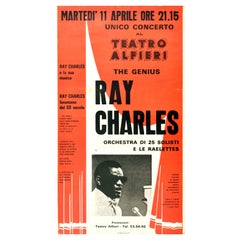 Affiche musicale vintage d'origine The Genius Ray Charles, concert unique Turin, Italie