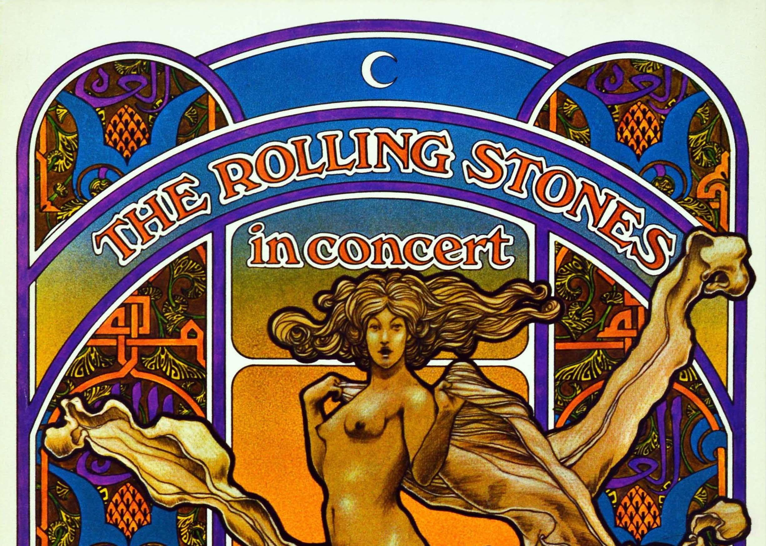 Original vintage music poster for The Rolling Stones in Concert world tour 1969-1970 featuring a vibrant colourful image by the notable American graphic designer David Edward Byrd (b 1941) of an Art Nouveau style figure with flowing hair in the