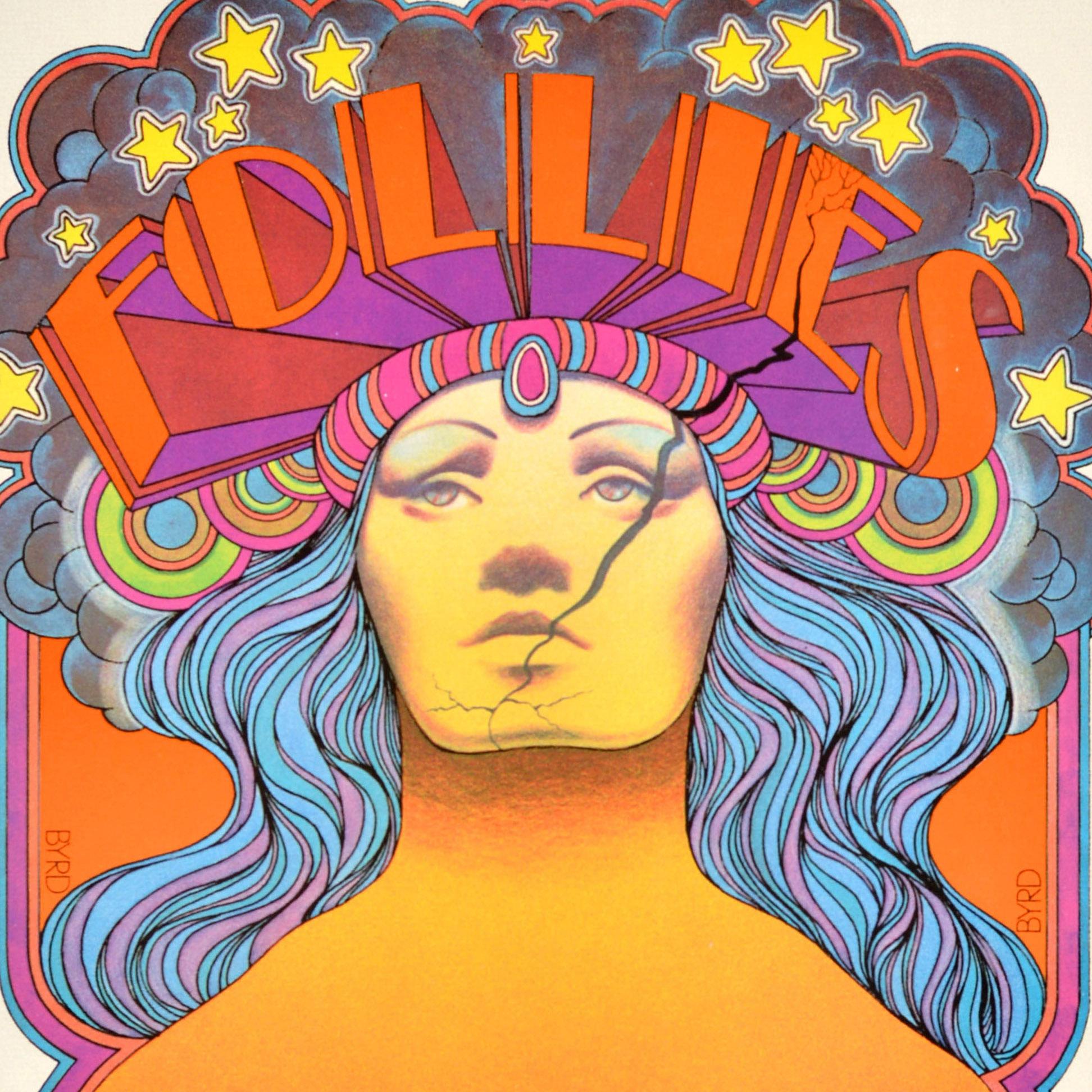 Poster pubblicitario originale d'epoca per il pluripremiato spettacolo musicale di Broadway Follies, con musiche e testi scritti dal compositore Stephen Sondheimer (1930-2021) e dal drammaturgo e scrittore di libri James Goldman (1927-1998), diretto