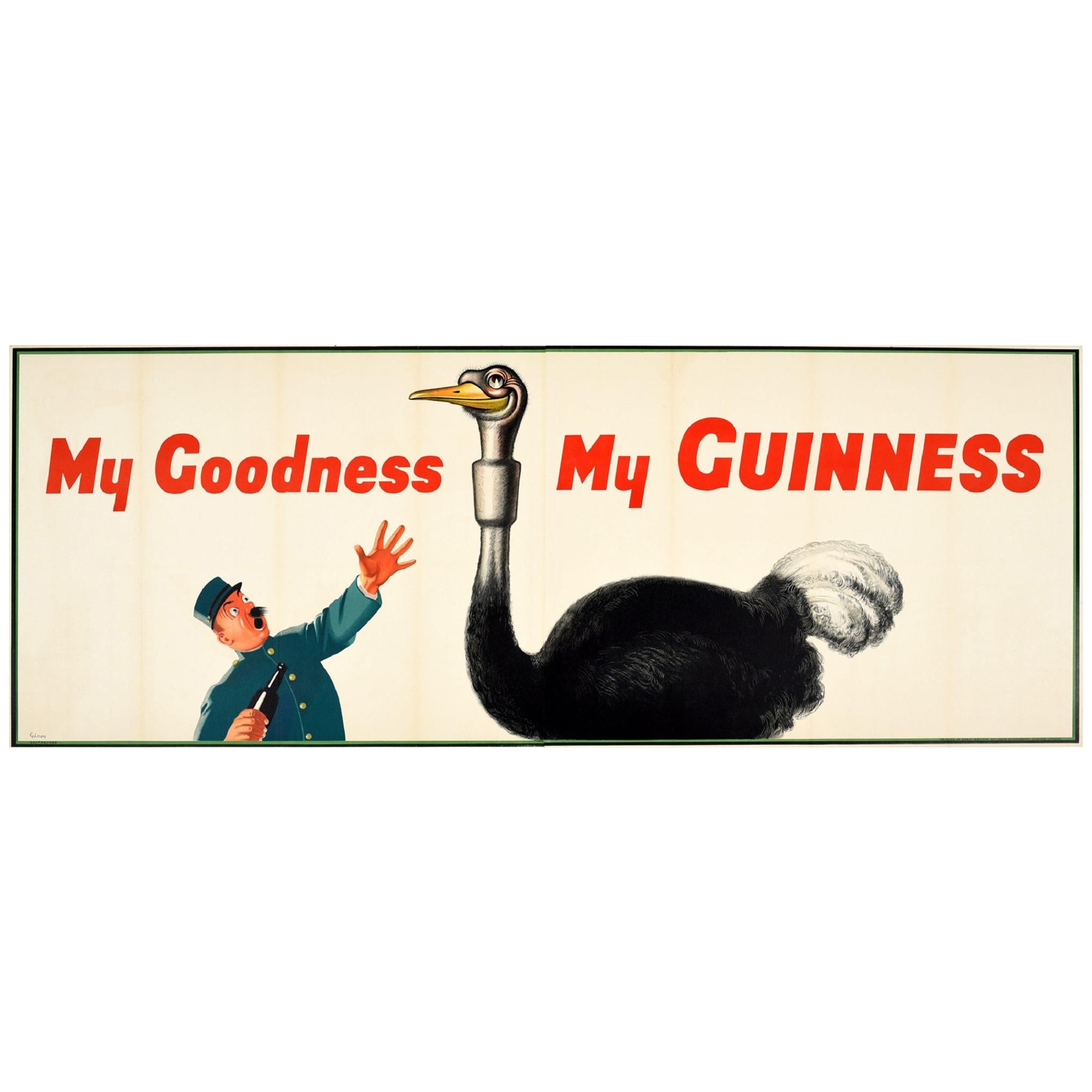 GUINNESS STOUT Vintage Beer Clear GLASS Ostrich 1990 MALAYSIA 5.5" My Goodness 