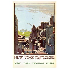 Original Vintage New York Central System Railway Poster Upper Bay Manhattan View