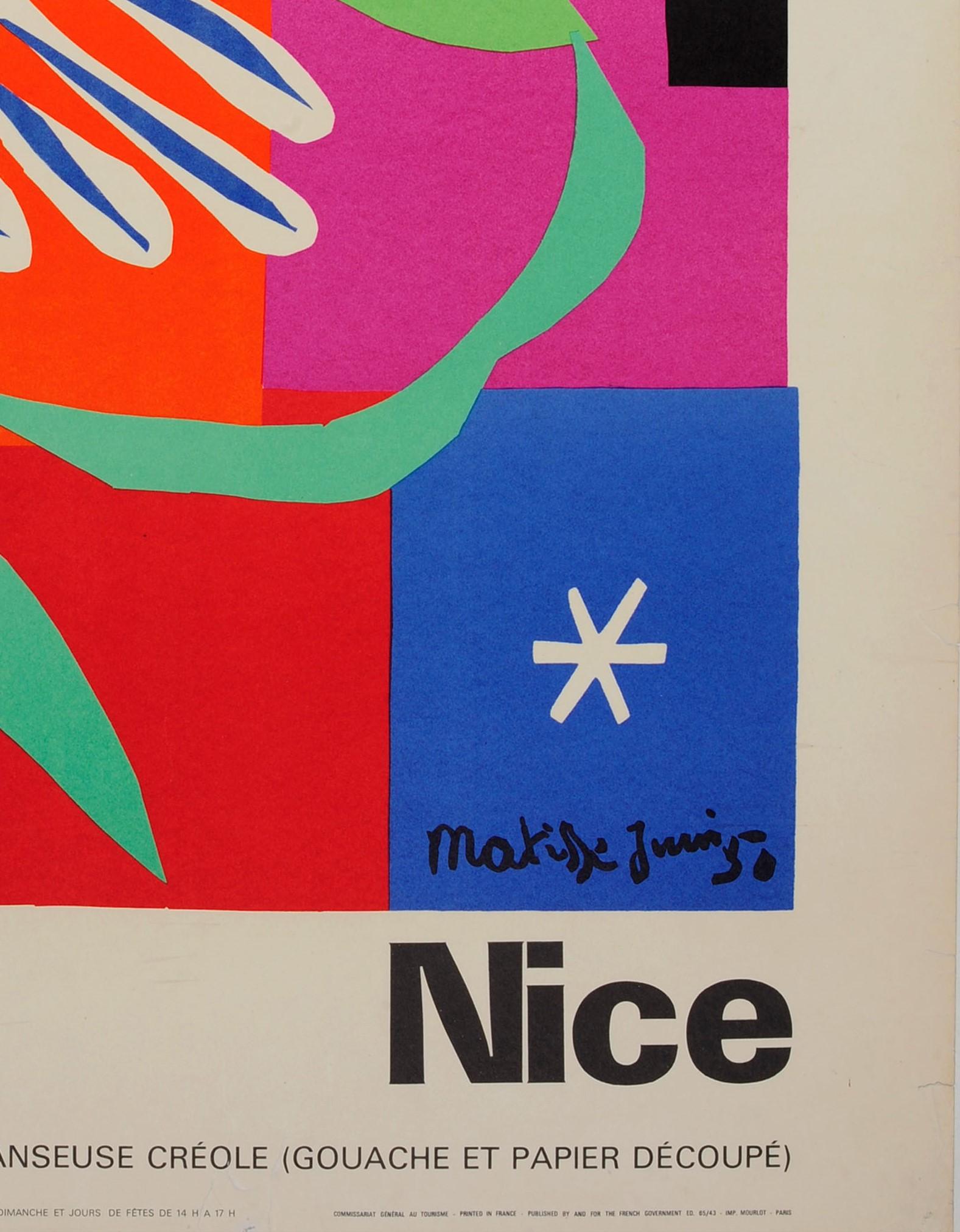 Original vintage travel poster advertising the city of Nice on the Cote d'Azur in France featuring a colourful design by the renowned French artist Henri Matisse (1869-1954) of his 1950 La Danseuse Creole gouache paint and cut-out paper artwork