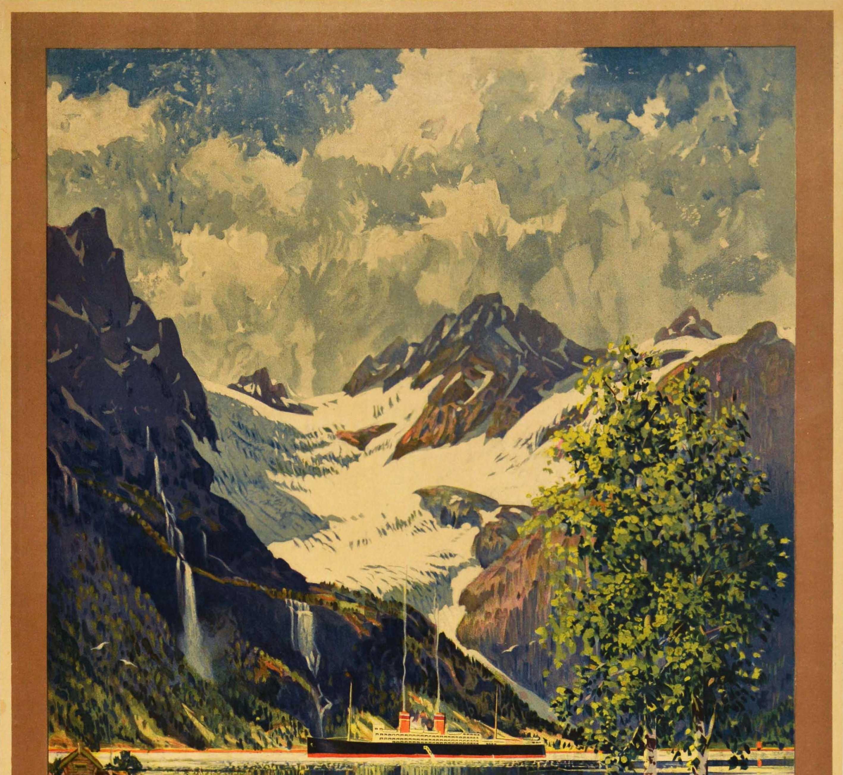 Original vintage railway travel advertising poster for Norway Summer Season June-September featuring great artwork by Benjamin Blessum (1877-1954) depicting a scenic fjord view of the Norwegian landscape showing a lake in the foreground with wooden
