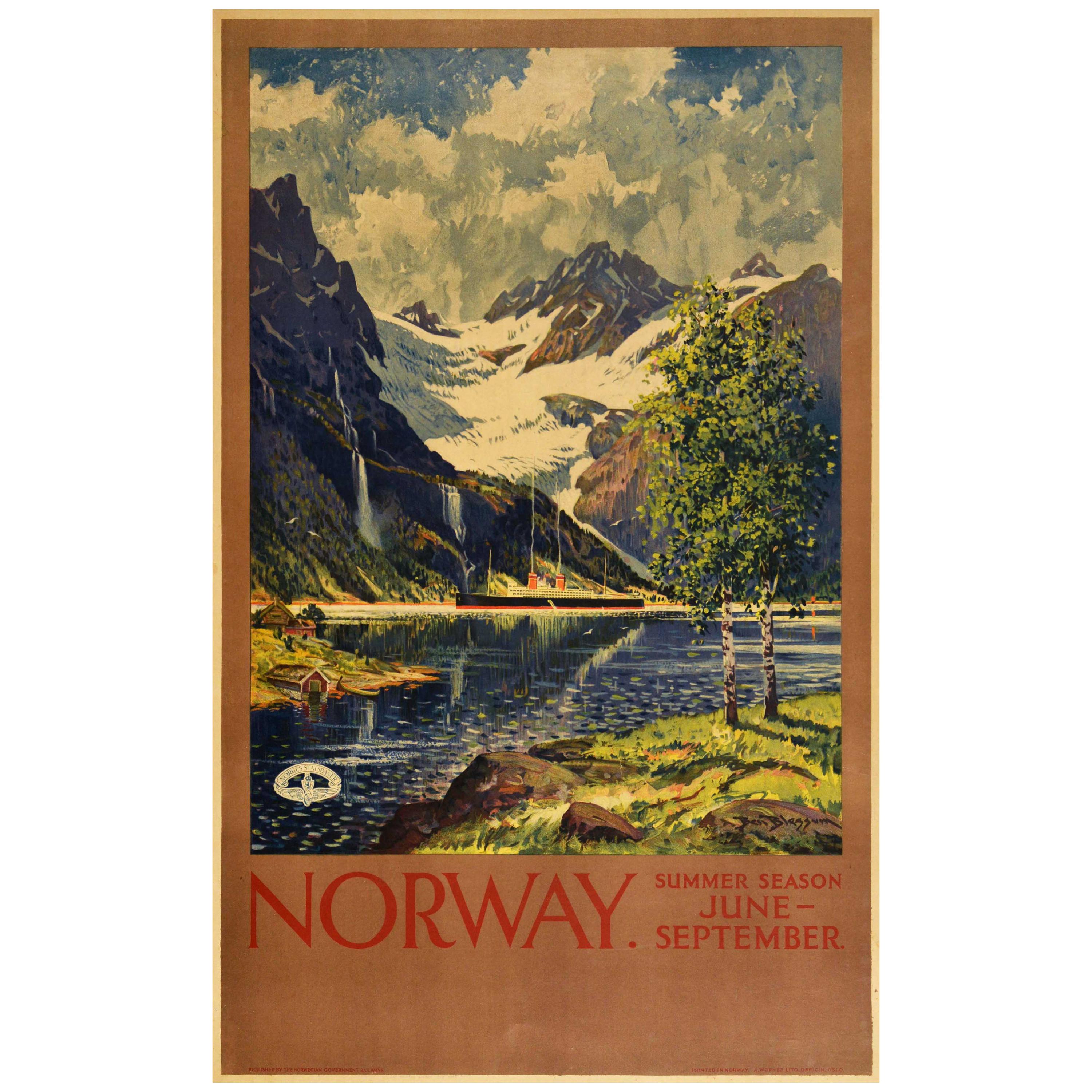 Original Vintage Norwegian Railway Poster Norway Summer Season Travel Fjord View