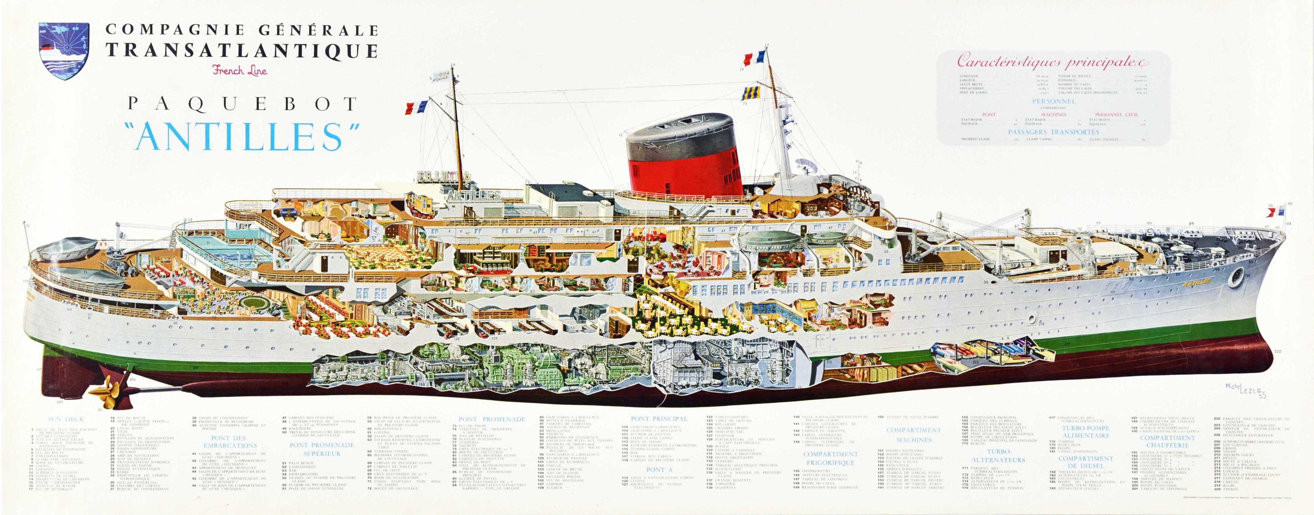 Original vintage cruise travel poster featuring a cut-out design of the CGT French Line transatlantic ocean liner Paquebot Antilles showing the interior and deck layout and features of the ship including the swimming pool on the sun deck and cabins,