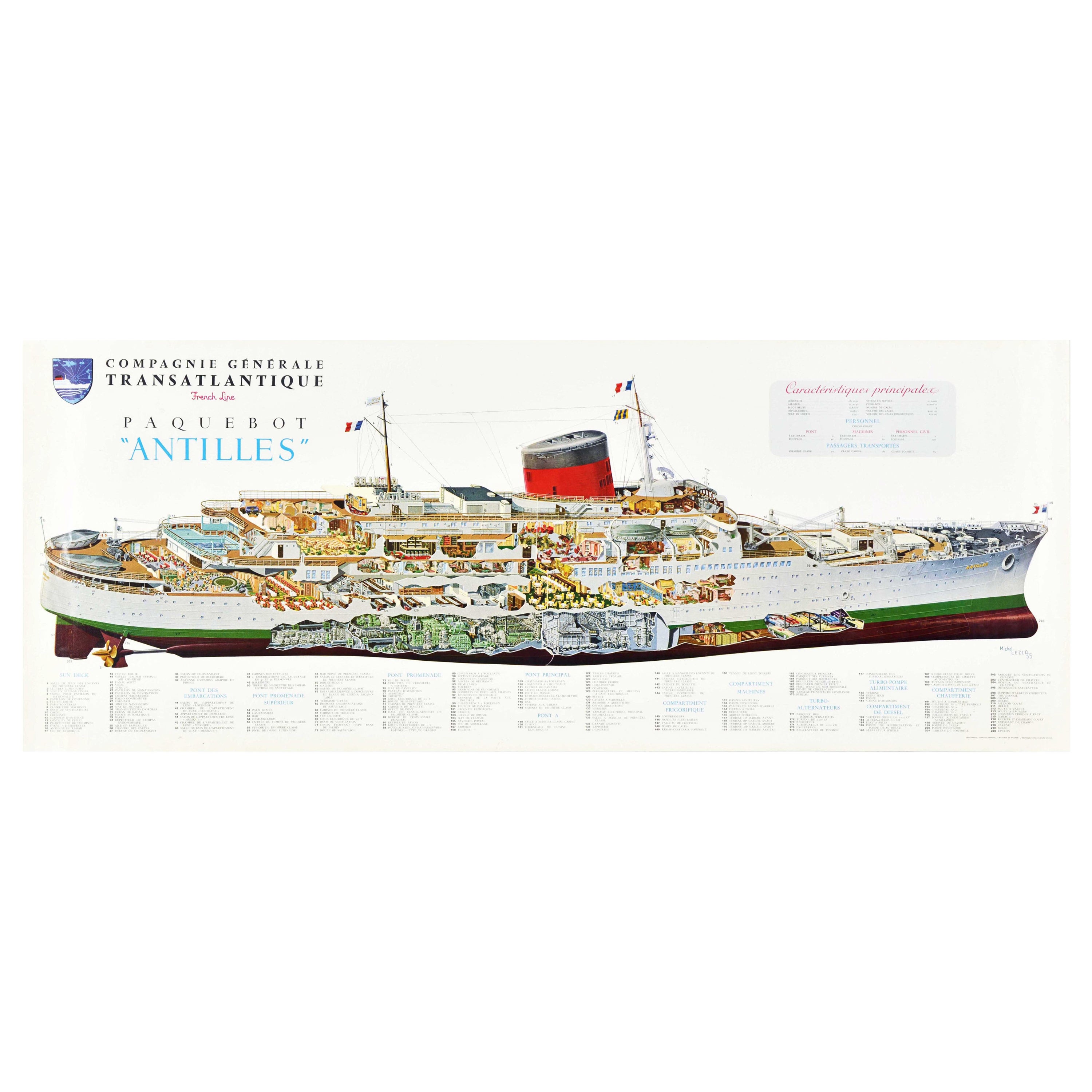 Poster originale d'epoca del transatlantico SS Antilles CGT Linea Francese Dettagli nave
