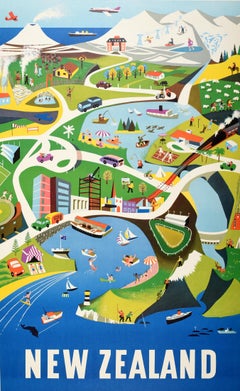 Original Vintage Oceania Travel Poster New Zealand North Island Dennis Beytagh