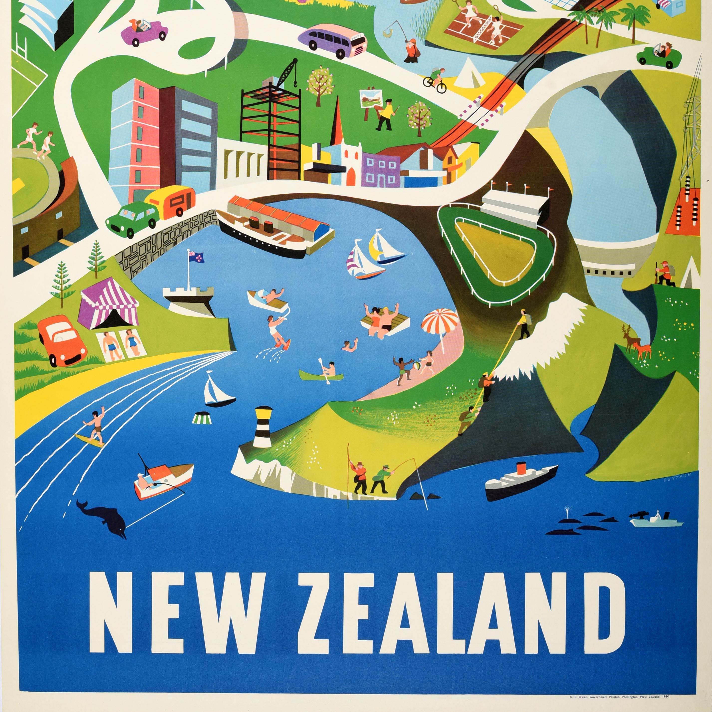 Póster de viaje original vintage de Oceanía Isla Norte de Nueva Zelanda Dennis Beytagh mediados del siglo XX en venta