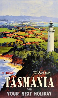 Original Vintage Oceania Travel Poster Tasmania For Next Holiday Qantas Airline