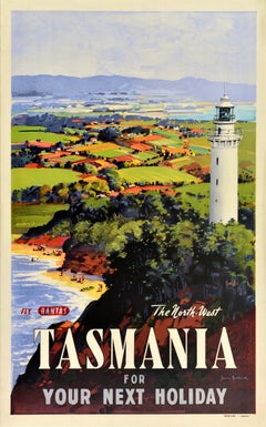Original Vintage Oceania Travel Poster Tasmania For Next Holiday Qantas Airline