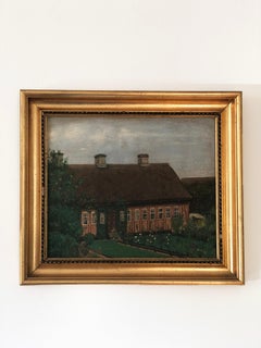 Pittura a olio originale d'epoca di un cottage con giardino, circa. 1940