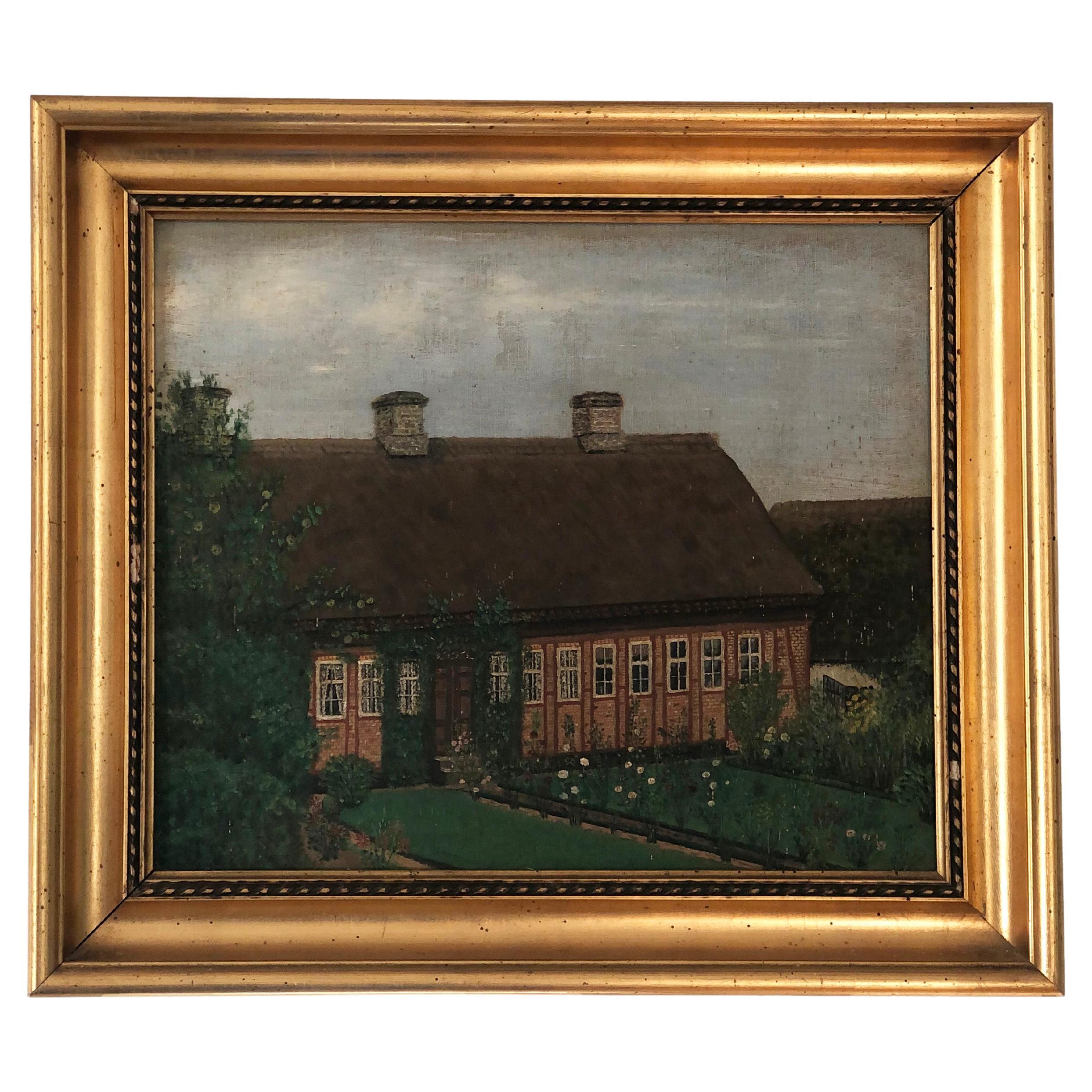 Original Vintage Ölgemälde eines Landhauses mit Garten, circa. 1940