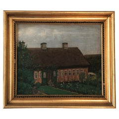 Peinture à l
huile originale Vintage d
un cottage avec jardin, circa. 1940